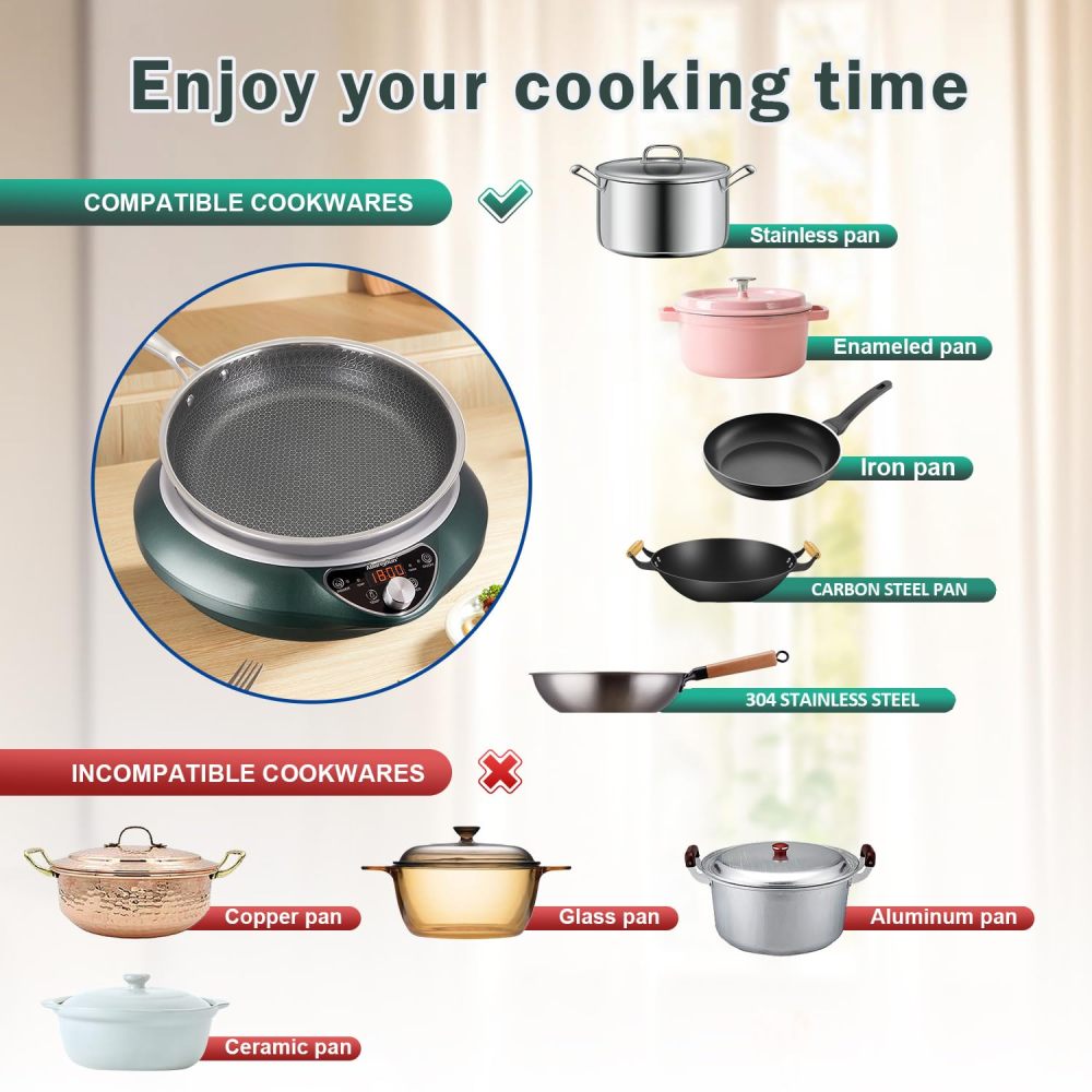 Induction Cooktop with Skillets1800W 120V Burner Cooker Nonstick Flat Pan Electric Stove Hot Plate Heat Evenly Fry Pan for Steak