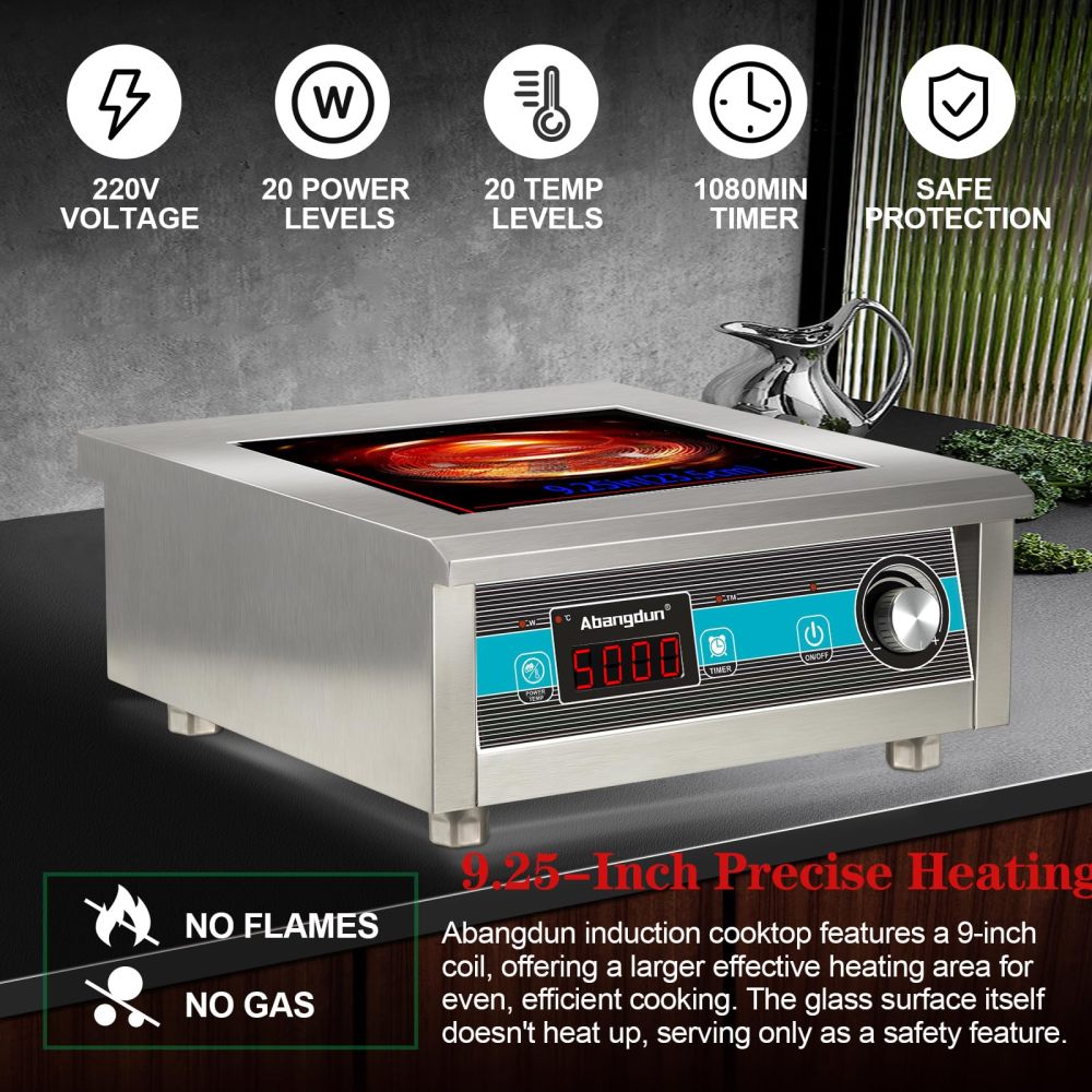 Commercial Induction Cooktop 5000W/190V~275V Commercial Range Countertop Burners Non-circulating Heating at Low Power18-hour Timer Hot Plate for Kitchen
