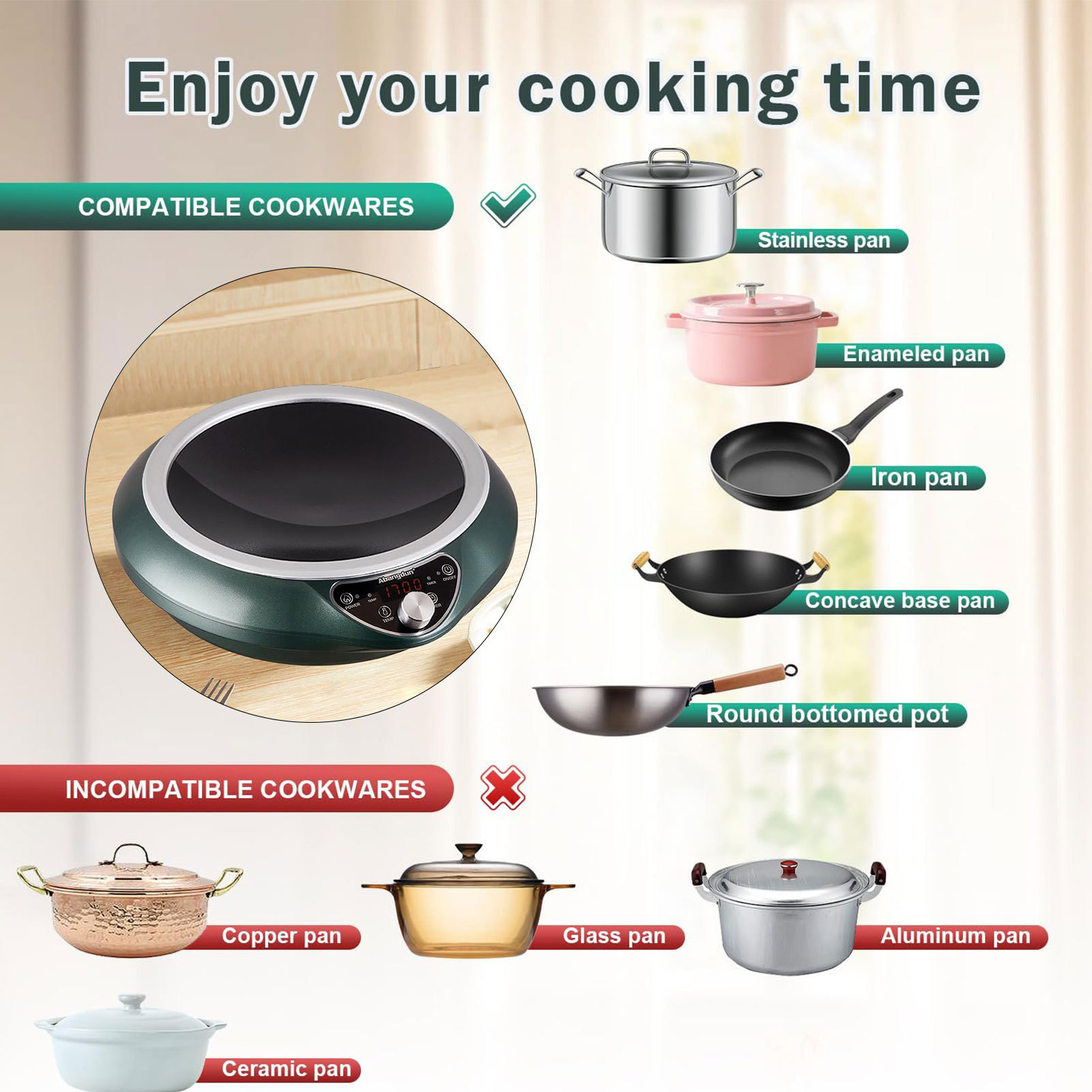 Induction Cooktop Wok Burner 1700W/85V~120V Electric Curved Surface Electric Cooker Concave Stoves Hot Plate Countertop Burners for Cooking Portable Heater Restaurants Kitchen 16 Level Temp&Power Ctrl Quick Heat-up and Faster Cooking Times Abangdun