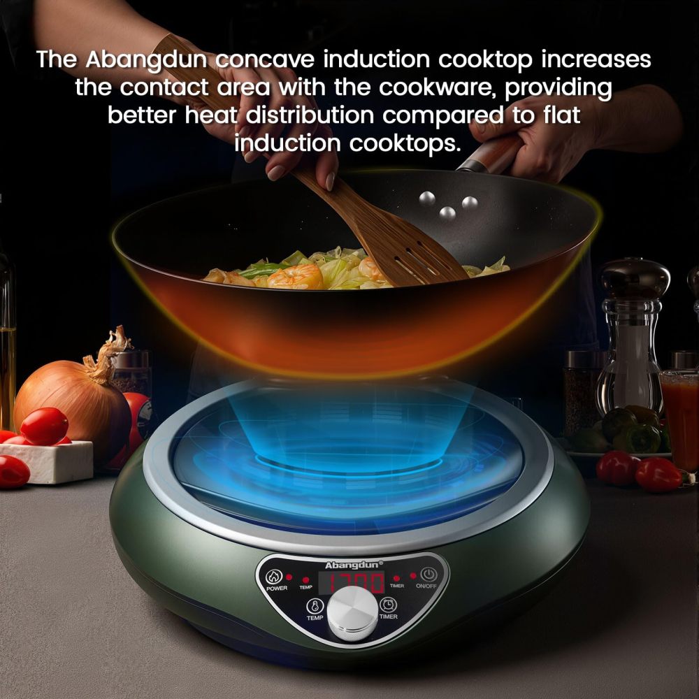 Commercial Induction Cooktop Wok Burner 1700W/85V~120V Electric Curved Surface Cooker 1.97″ Concave Stoves Hot Plate Countertop Burners for Cooking Portable Heater Restaurants Kitchen 16 Level Temp&Power Ctrl Quick Heat-up and Faster Cooking Abangdun