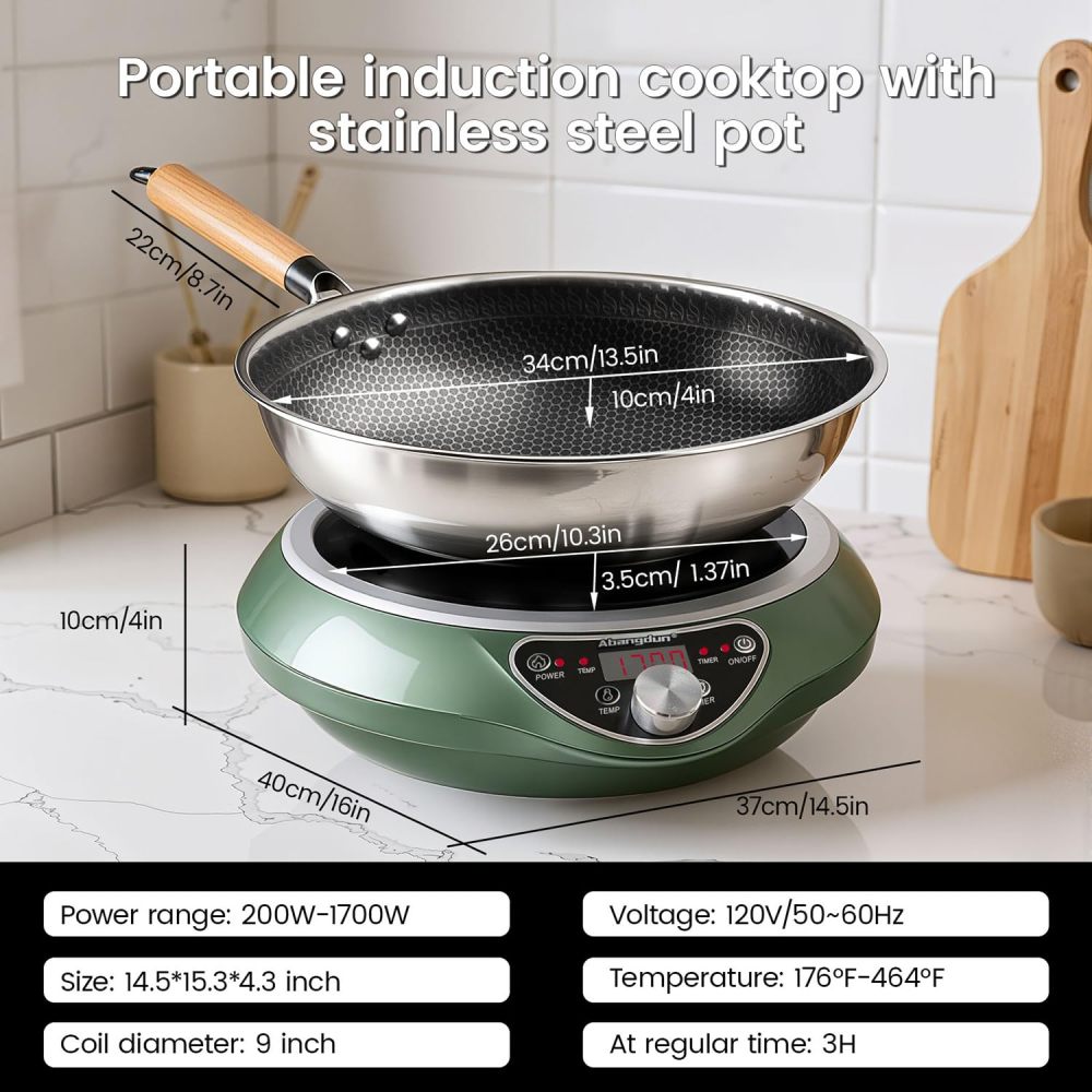 Induction Wok Burner, 1700W 120V Electric Woks Hot Plate Portable Induction Cooktop, Stainless Steel Wok Included