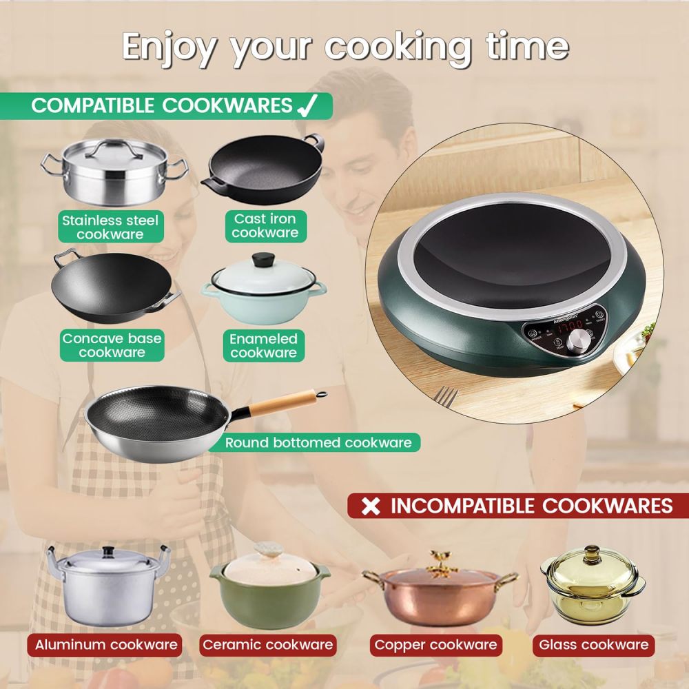 Induction Wok Burner, 1700W 120V Electric Woks Hot Plate Portable Induction Cooktop, Stainless Steel Wok Included