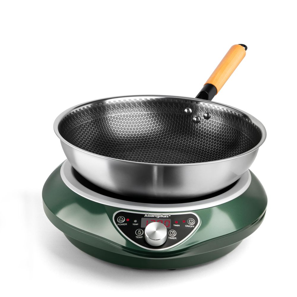Abangdun 1700W 85V~120V Induction Cooktop Stainless Steel Wok Pan Included Concave Burner Electric Stove Hot Plate Pot Cooker Portable Countertop Hob Heater Cooking Kitchen Abangdun