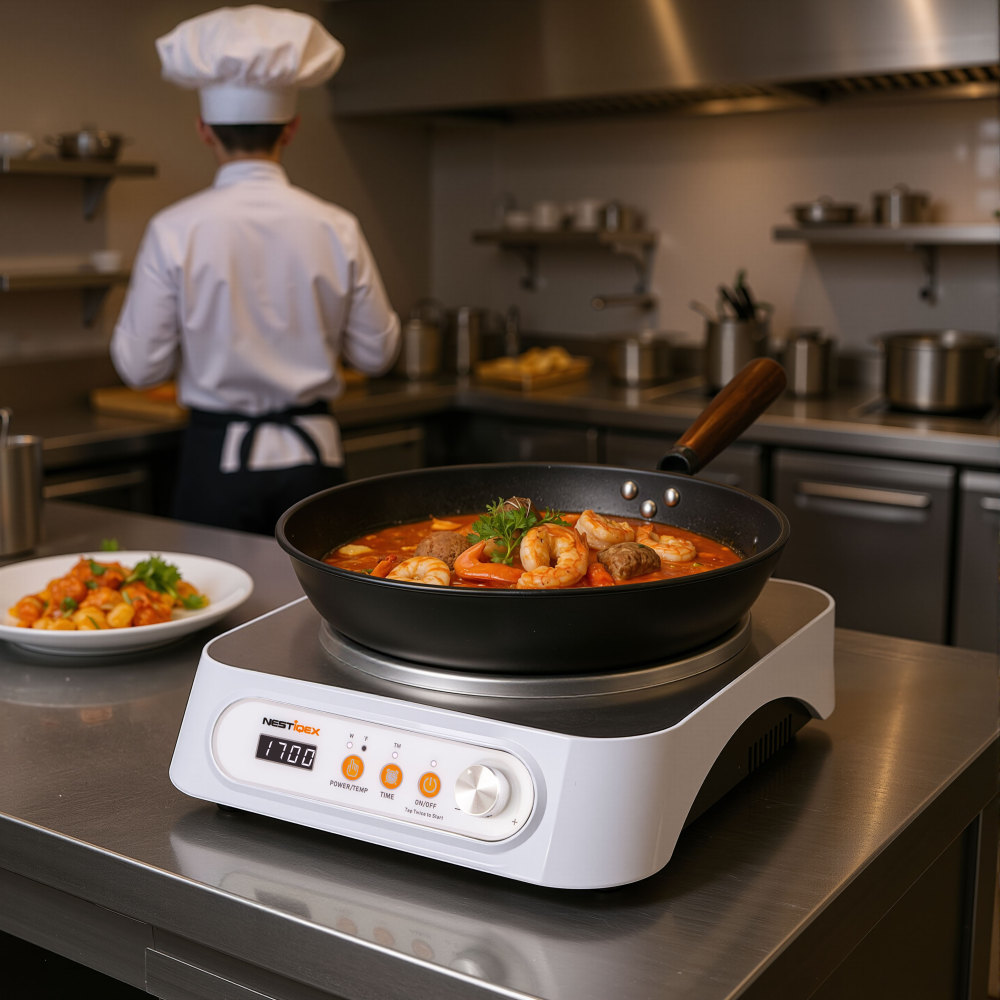 Nestiqex 1700W 85V~120V  Induction Cooktop Concave Wok Burner Portable Electric Stove Countertop Heater With 13-inch Carbon Steel Wok With 24 Hours Timer Cooker