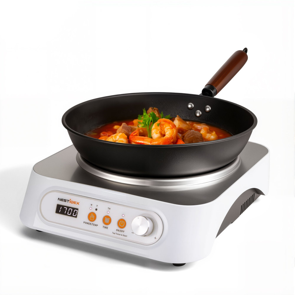 Nestiqex 1700W 85V~120V  Induction Cooktop Concave Wok Burner Portable Electric Stove Countertop Heater With 13-inch Carbon Steel Wok With 24 Hours Timer Cooker