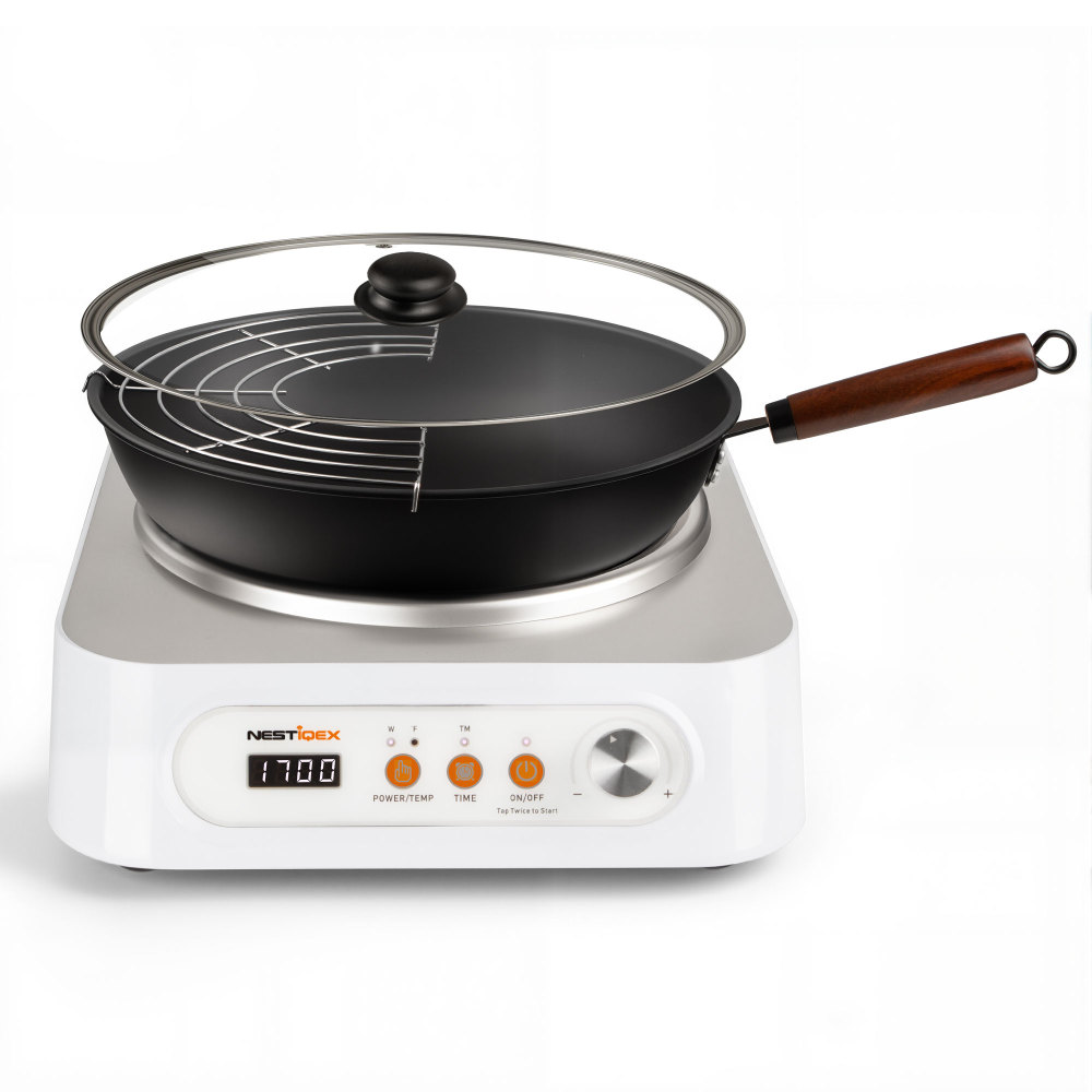 Nestiqex 1700W 85V~120V  Induction Cooktop Concave Wok Burner Portable Electric Stove Countertop Heater With 13-inch Carbon Steel Wok With 24 Hours Timer Cooker