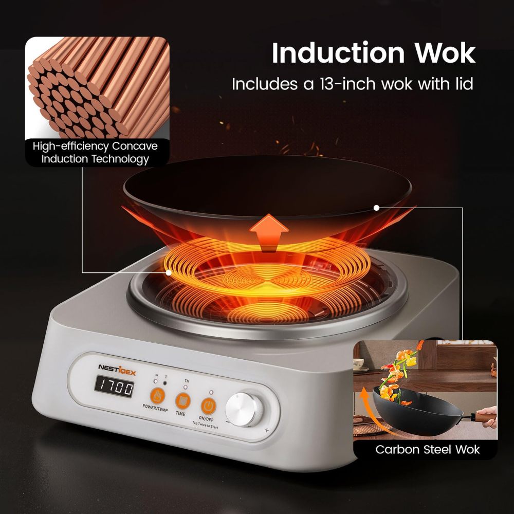 1700W 85V~120V  Induction Cooktop Concave Wok Burner Portable Electric Stove Countertop Heater With 13-inch Carbon Steel Wok