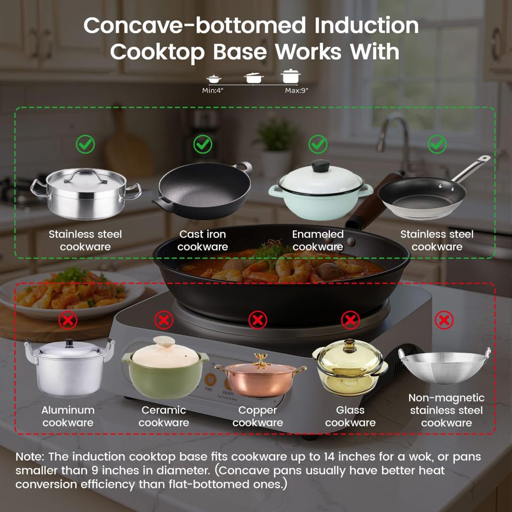 1700W 85V~120V  Induction Cooktop Concave Wok Burner Portable Electric Stove Countertop Heater With 13-inch Carbon Steel Wok