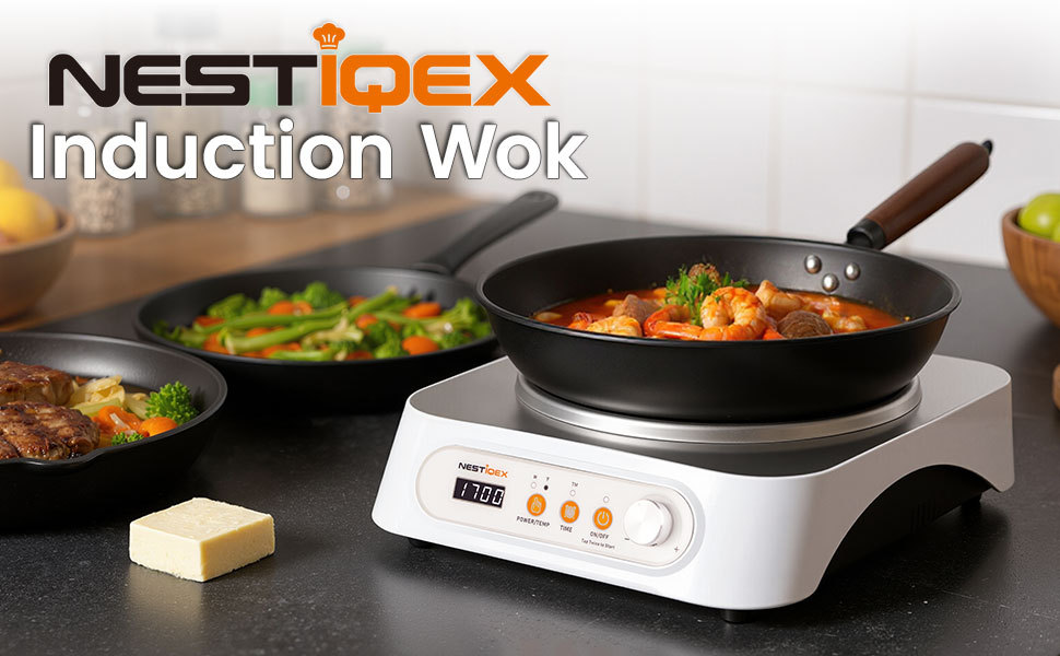 Nestiqex 1700W 85V~120V  Induction Cooktop Concave Wok Burner Portable Electric Stove Countertop Heater With 13-inch Carbon Steel Wok With 24 Hours Timer Cooker