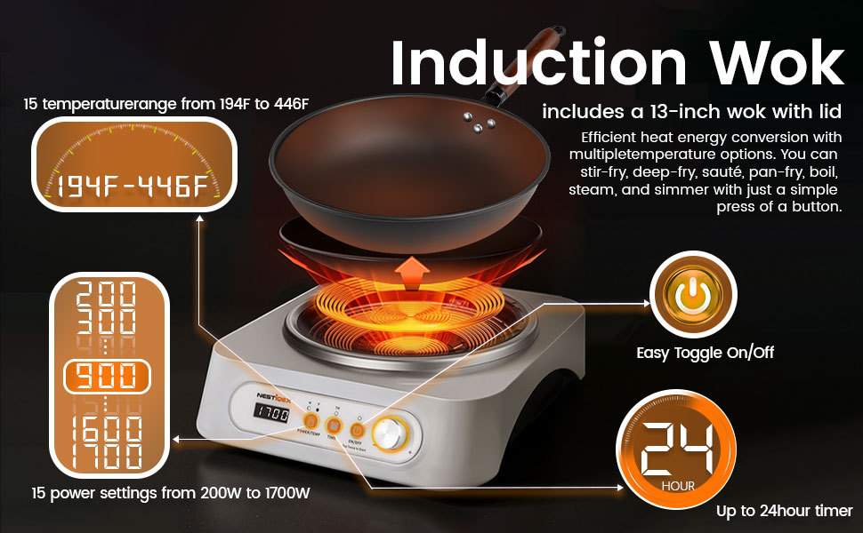 Nestiqex 1700W 85V~120V  Induction Cooktop Concave Wok Burner Portable Electric Stove Countertop Heater With 13-inch Carbon Steel Wok With 24 Hours Timer Cooker