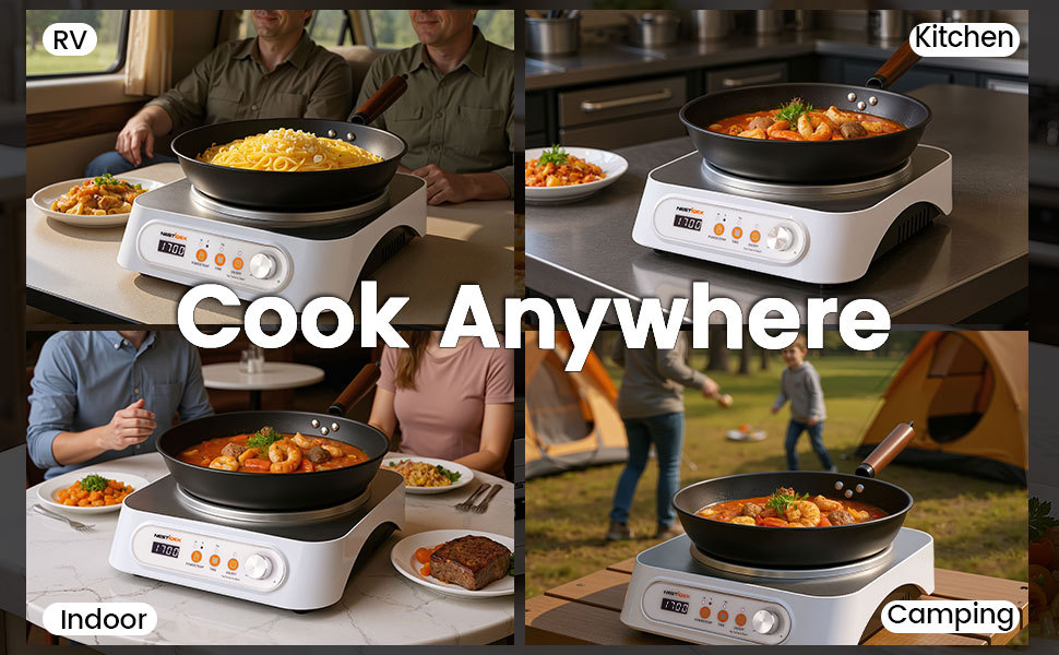 Nestiqex 1700W 85V~120V  Induction Cooktop Concave Wok Burner Portable Electric Stove Countertop Heater With 13-inch Carbon Steel Wok With 24 Hours Timer Cooker