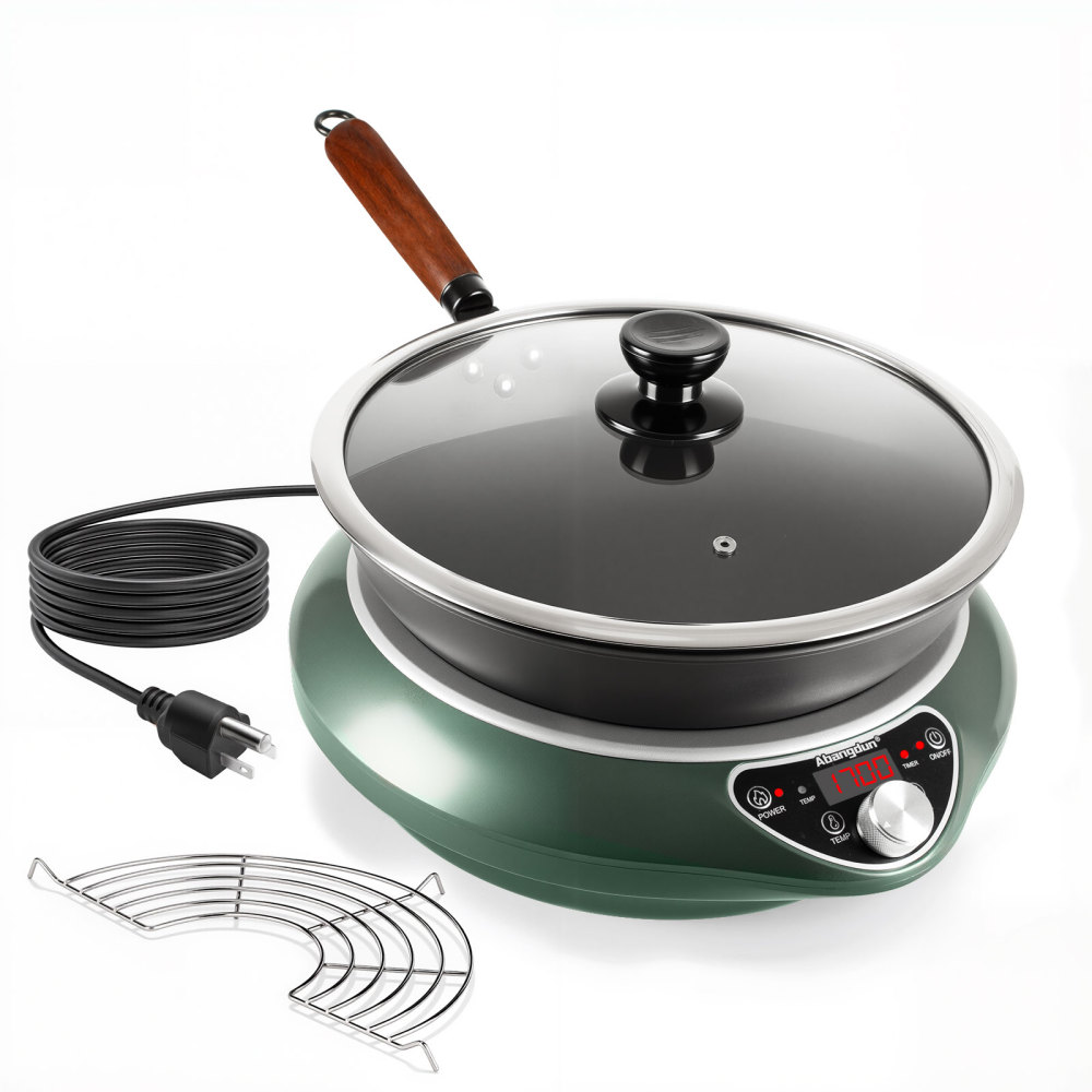 Abangdun 1700W 85V~120V Induction Cooktop 2025 New 1.97″ Deep Concave Curved Surface With 13″ Carbon Stainless Steel Pot Nonstick Wok Pan 16 level Power&Temp Control 18h timer Electric Stove Wok Burner Countertop For Cooking Portable Included With Lid