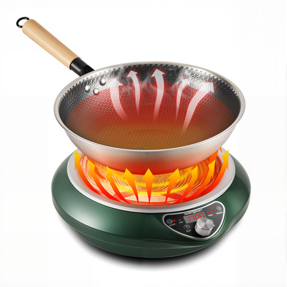 Abangdun 1700W 85V~120V Induction Cooktop Stainless Steel Wok Pan Included Concave Burner Electric Stove Hot Plate Pot Cooker Portable Countertop Hob Heater Cooking Kitchen Abangdun