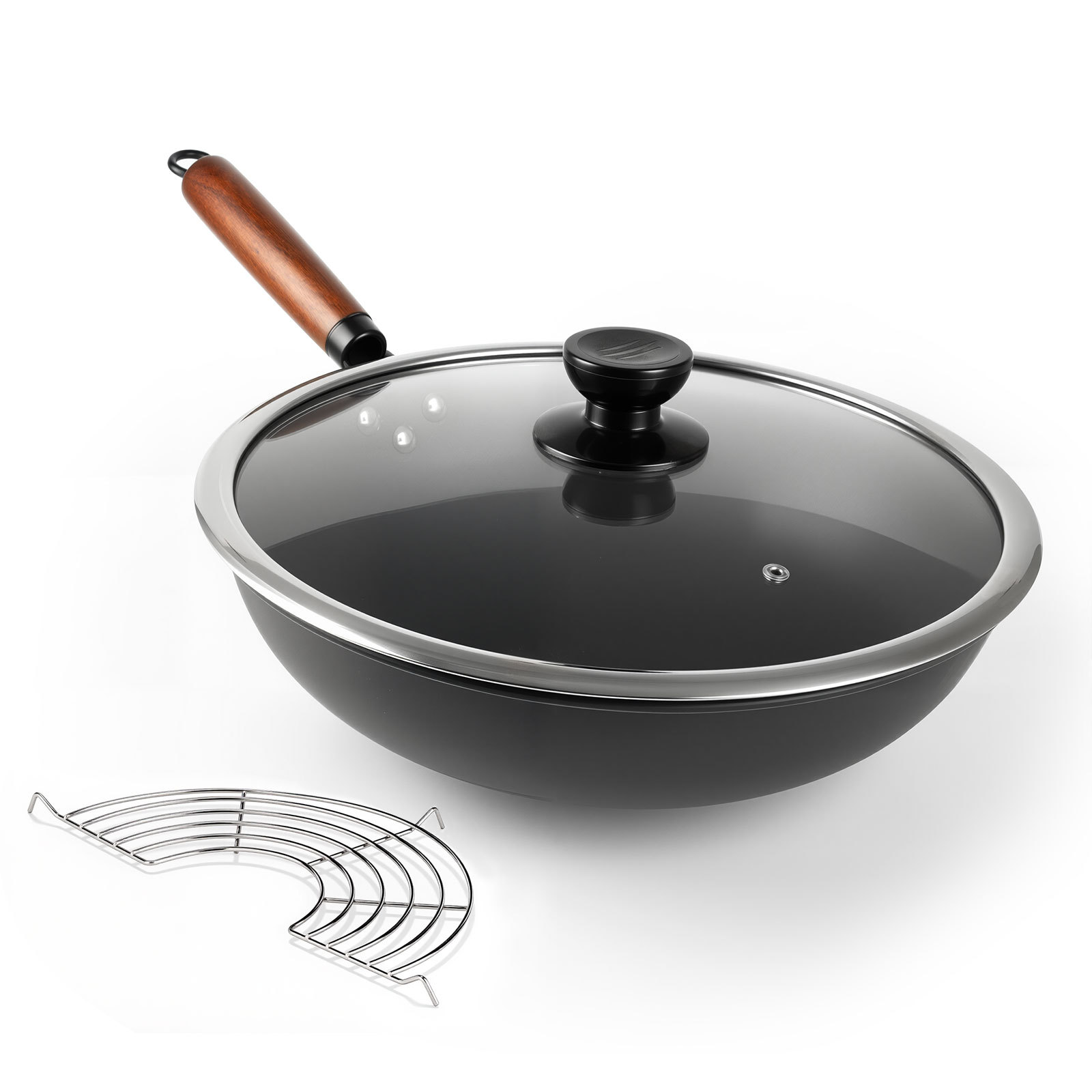 Abangdun 13″ Carbon Steel Wok Pan Round Bottom Wok with lid, Woks & Stir-Fry Pans Nonstick for Induction, Electric, Gas Stove Cooker Skillet
