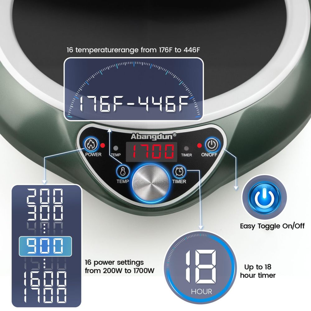 Abangdun 1700W 85V~120V Induction Cooktop Wok Burner 2025 New 1.97″ Deep Concave Curved Surface 16 level Power& Temp Ctrl Electric Stoves Hot Plate Commercial Countertop Burner for Cooking Portable Heater Restaurant Kitchen Quick Heat-up