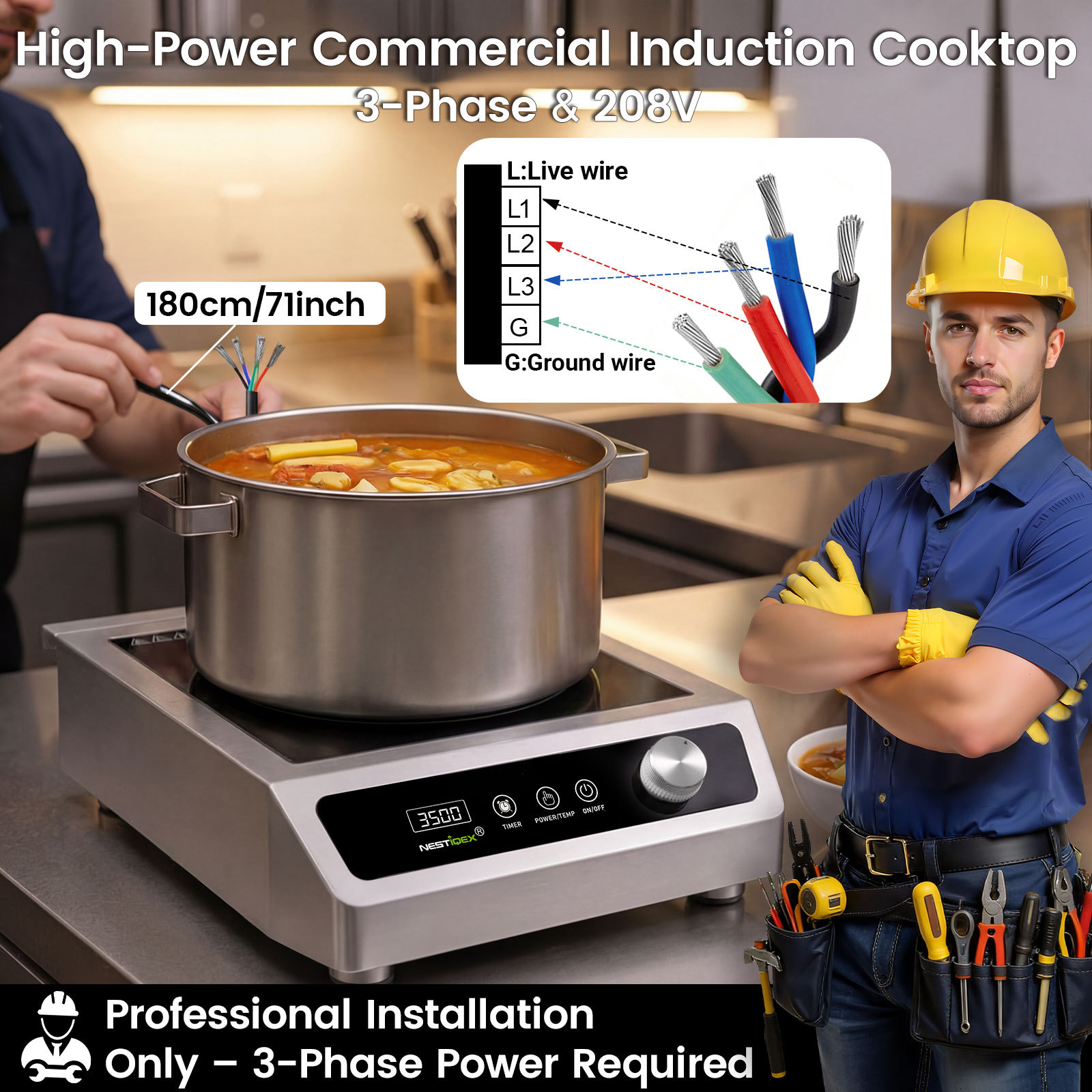 Nestiqex 3500W 208V Induction Cooktop Commercial 3 Phase 24h Timer 2026 NEW Heavy Duty Stainless Steel Space-Saving Design for Restaurant Kitchen Hotel & Bar Large Burner with 20 Power & Temp Levels, 9.25" Large Coil Countertop Electric Stove