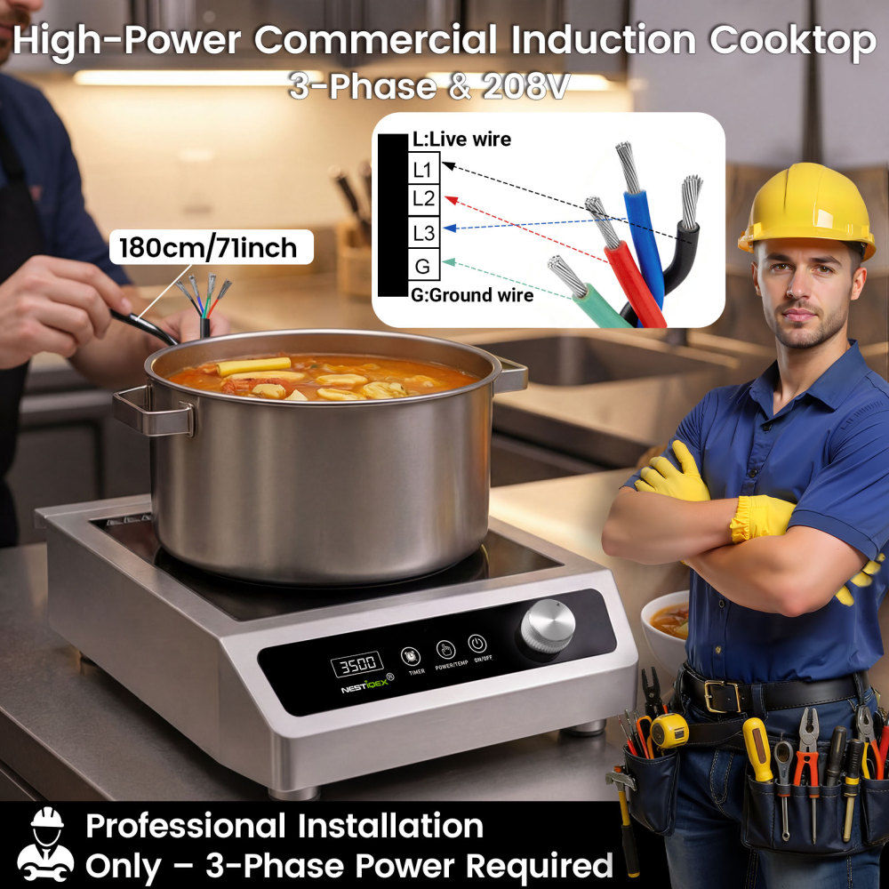 Nestiqex 3500W 208V Induction Cooktop Commercial 3 Phase 24h Timer 2026 NEW Heavy Duty Stainless Steel Space-Saving Design for Restaurant Kitchen Hotel & Bar Large Burner with 20 Power & Temp Levels, 9.25" Large Coil Countertop Electric Stove
