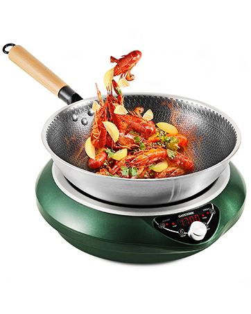 Abangdun Induction Wok Pan Cooktop 1700W (85V~175V) 16 Levels Temperature & Power Control Induction Wok Burner with 18 Hours Timer, Auto-off, Fast & Even Heating Concave Electric Stove (Green)