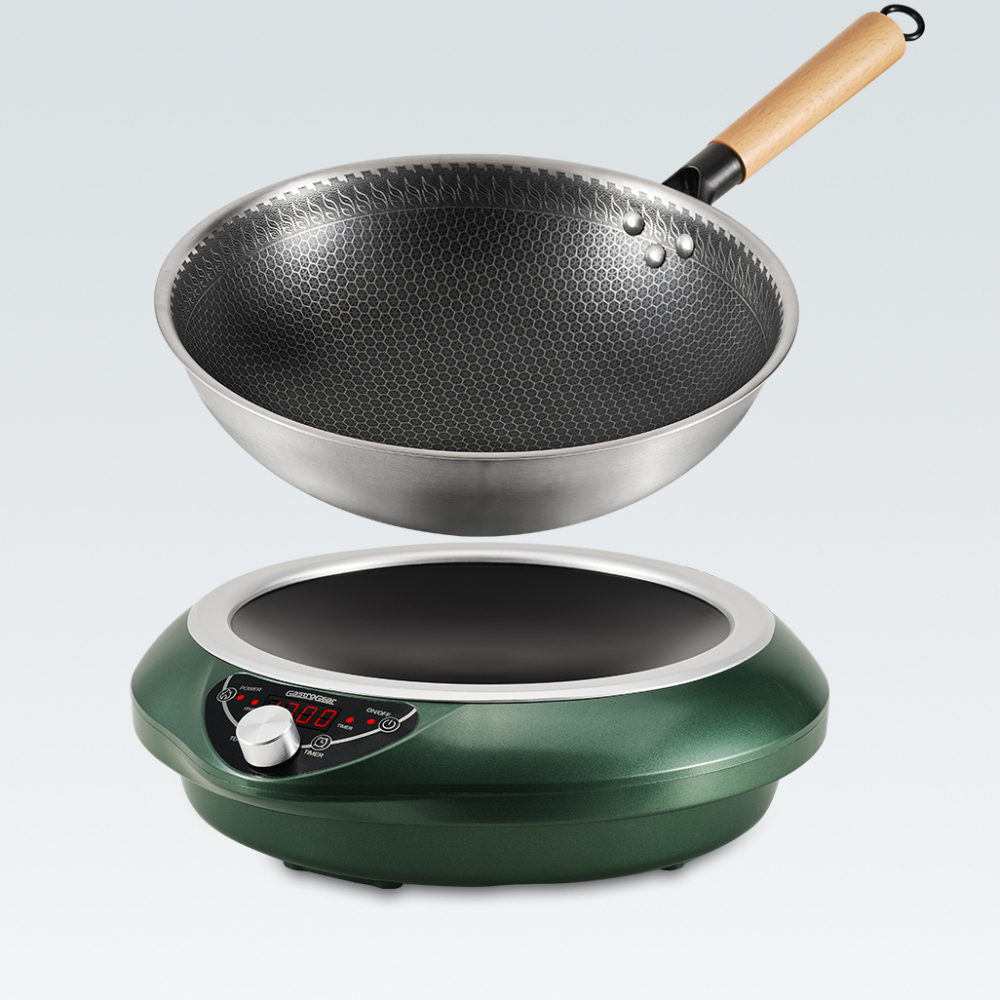Abangdun Induction Wok Pan Cooktop 1700W (85V~175V) 16 Levels Temperature & Power Control Induction Wok Burner with 18 Hours Timer, Auto-off, Fast & Even Heating Concave Electric Stove (Green)