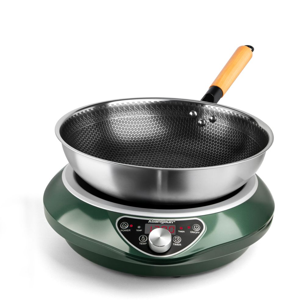 Abangdun 1700W 100V～185V Induction Cooktop With 13' Stainless Steel Wok Pan 2026 New 1.06″ Curved Surface Concave Electric Stove Burner 18h timer 16 Watts 200~1700W Real Precise Power/Temp Ctrl Portable Countertop Hot Plate Heater Cooking Kitchen