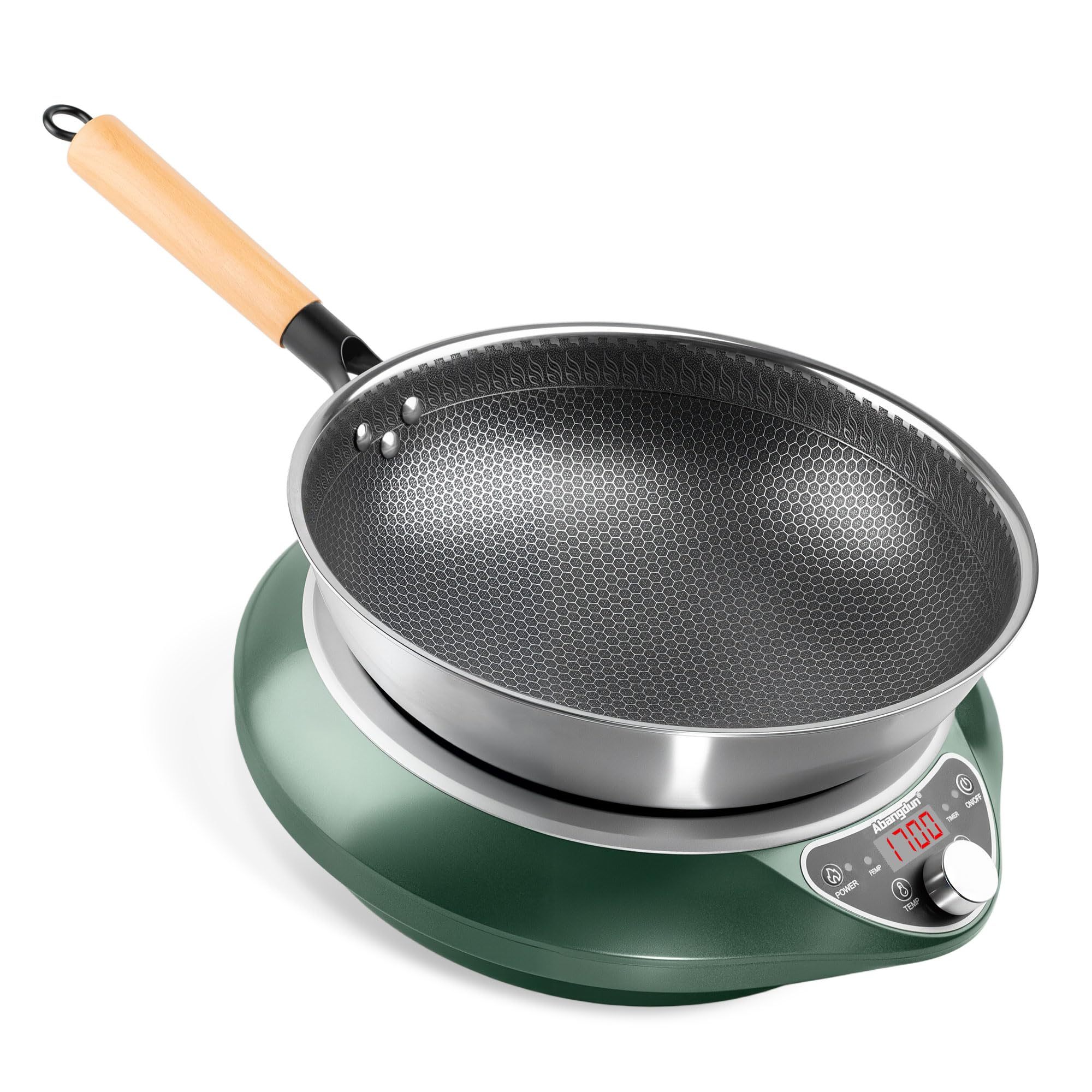 Abangdun 1700W 100V～185V Induction Cooktop With 13' Stainless Steel Wok Pan 2026 New 1.06″ Curved Surface Concave Electric Stove Burner 18h timer 16 Watts 200~1700W Real Precise Power/Temp Ctrl Portable Countertop Hot Plate Heater Cooking Kitchen