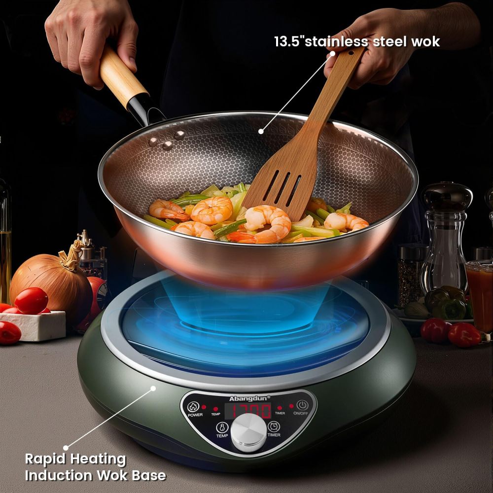 Abangdun 1700W 100V～185V Induction Cooktop With 13' Stainless Steel Wok Pan 2026 New 1.06″ Curved Surface Concave Electric Stove Burner 18h timer 16 Watts 200~1700W Real Precise Power/Temp Ctrl Portable Countertop Hot Plate Heater Cooking Kitchen