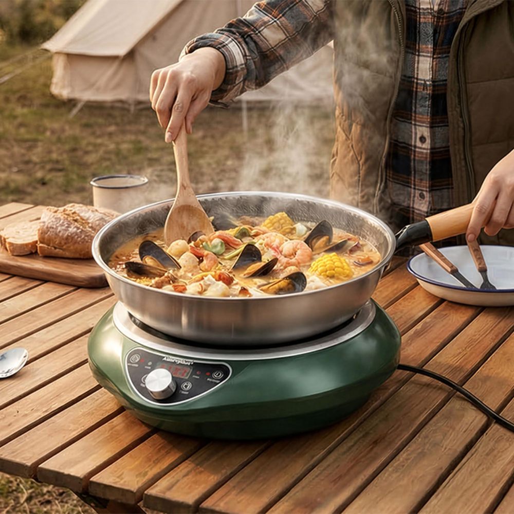 Abangdun 1700W 100V～185V Induction Cooktop With 13' Stainless Steel Wok Pan 2026 New 1.06″ Curved Surface Concave Electric Stove Burner 18h timer 16 Watts 200~1700W Real Precise Power/Temp Ctrl Portable Countertop Hot Plate Heater Cooking Kitchen