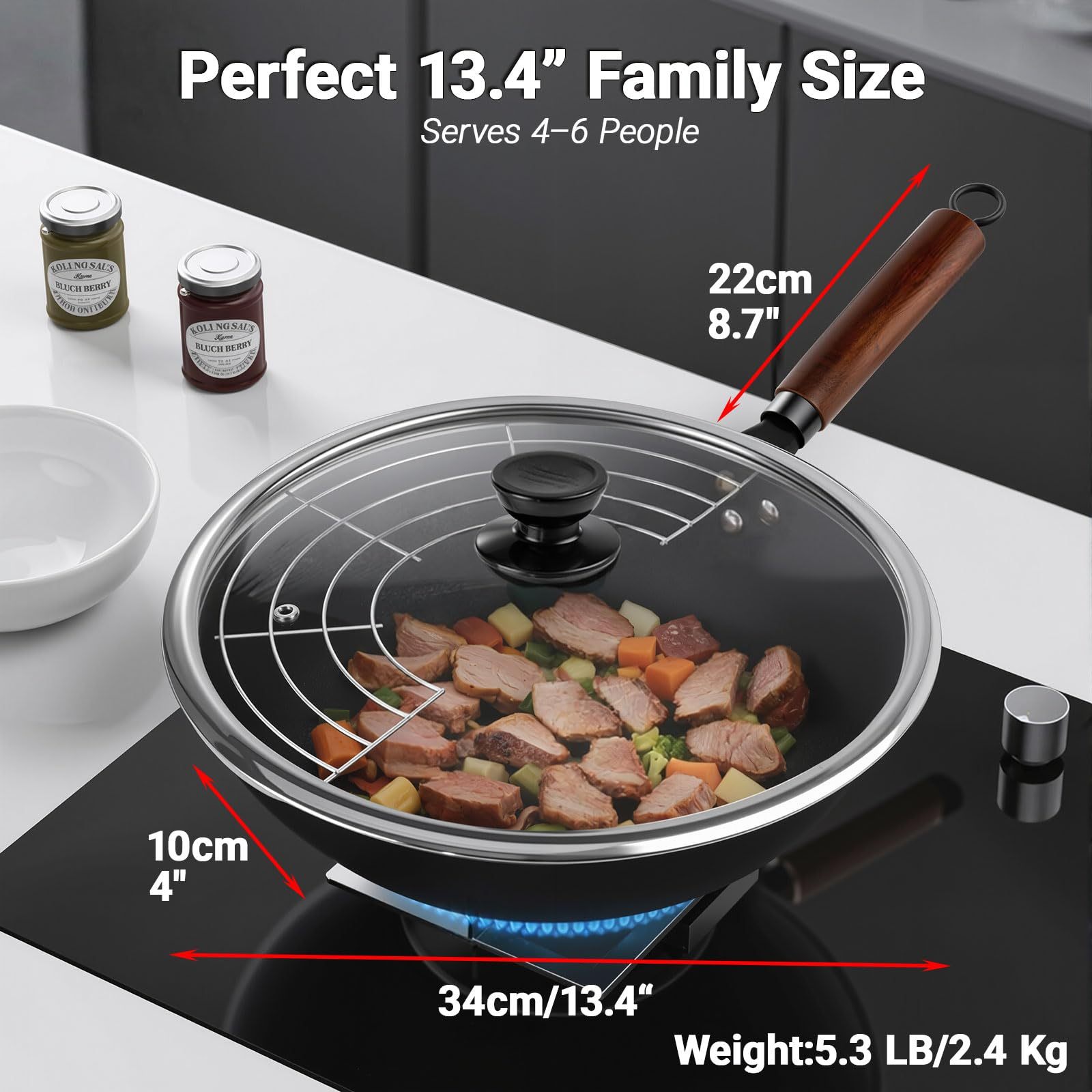 Abangdun 13.4″ Carbon Steel Wok Pan 2026 New  Seasoned Nutrited Round Bottom with Lid China Stir Fry Pan Non stick for Induction, Electric, Gas Stove Cooker Skillet No Layer By Iron Nitride Process Chinese Wok Pan Professional Chef's Good Choice