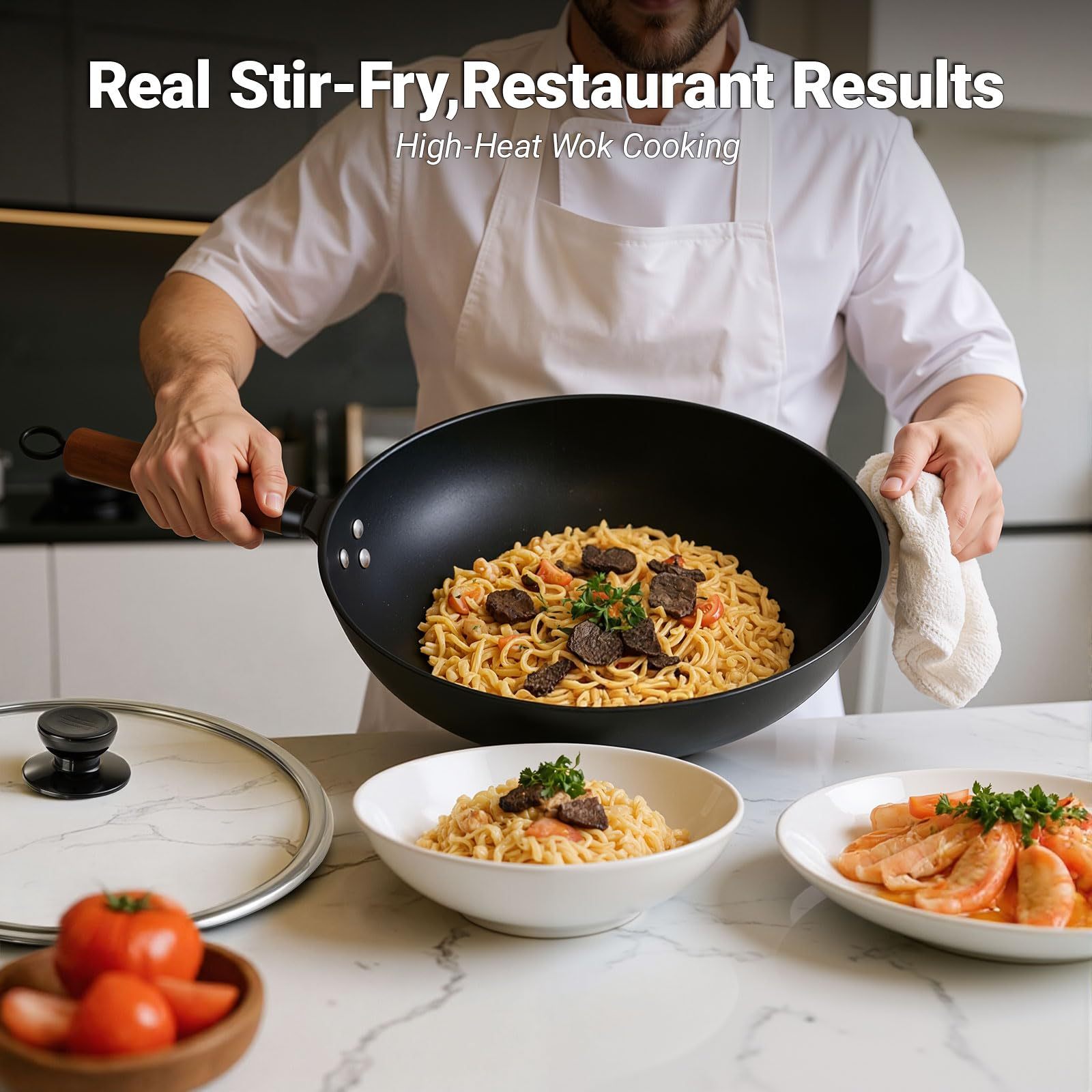 Abangdun 13.4″ Carbon Steel Wok Pan 2026 New  Seasoned Nutrited Round Bottom with Lid China Stir Fry Pan Non stick for Induction, Electric, Gas Stove Cooker Skillet No Layer By Iron Nitride Process Chinese Wok Pan Professional Chef's Good Choice