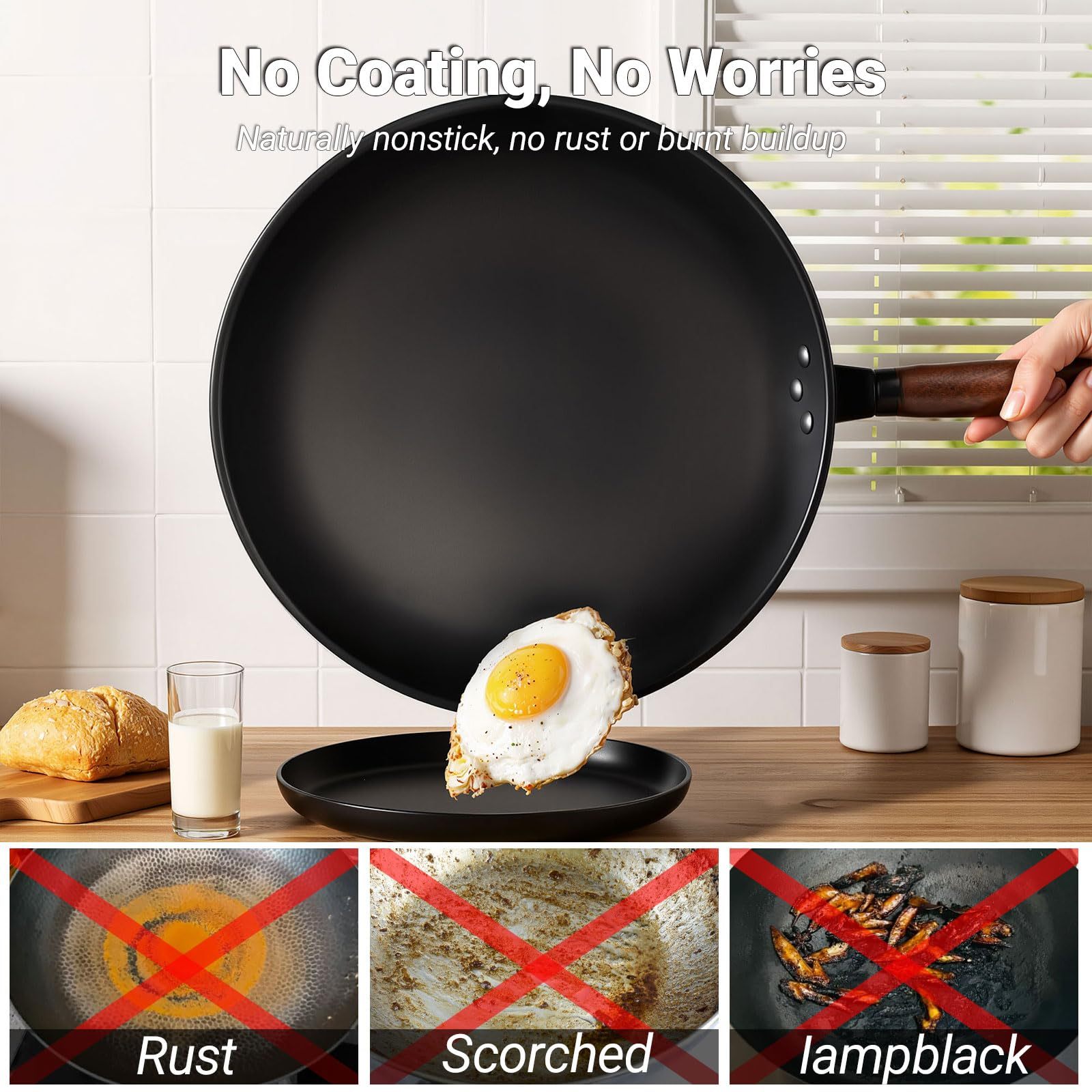 Abangdun 13.4″ Carbon Steel Wok Pan 2026 New  Seasoned Nutrited Round Bottom with Lid China Stir Fry Pan Non stick for Induction, Electric, Gas Stove Cooker Skillet No Layer By Iron Nitride Process Chinese Wok Pan Professional Chef's Good Choice