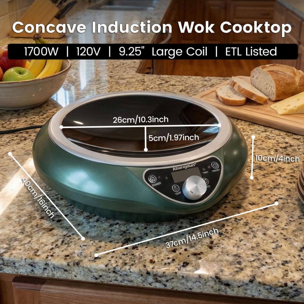 Abangdun 1700W 100V～185V Induction Cooktop Wok Burner Round Bottom 2026 New 1.97″ Deep Concave Curved Surface ETL Certified 16 Watts 200~1700W Real Precise Power/Temp Ctrl Electric Stove Commercial Countertop 9.25" Large Coil Stir Fry & Simmer Portable