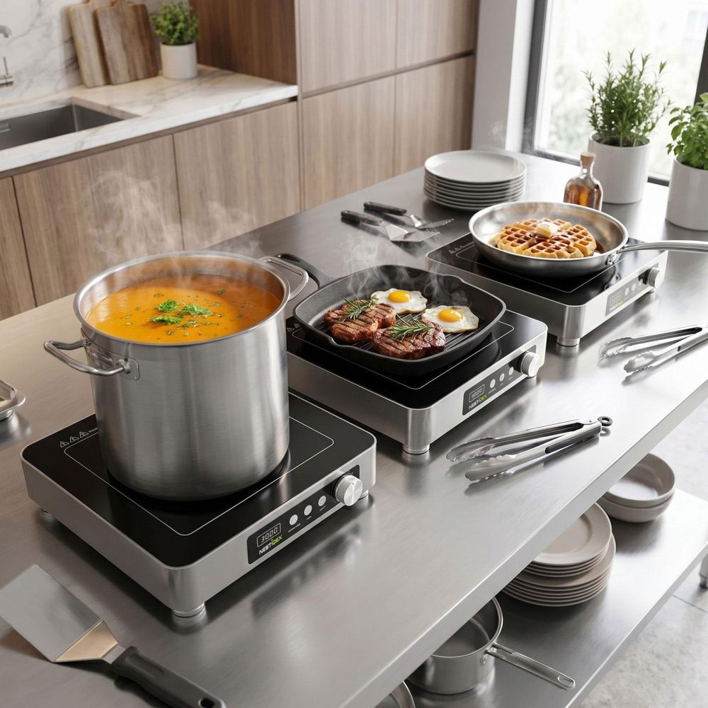 Abangdun 3000W 195V～275V High Power Commercial Induction Cooktop 11.4" Dual Copper Coil Heavy Duty Electric Stove Countertop Burner for Steak Industrial Kitchen Range Non Pulse Cooking Hot Plate for Hotel,Restaurant,Catering,24hrs Timer