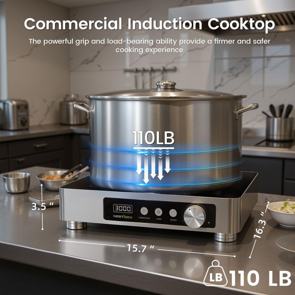 Abangdun 3000W 195V～275V High Power Commercial Induction Cooktop 11.4" Dual Copper Coil Heavy Duty Electric Stove Countertop Burner for Steak Industrial Kitchen Range Non Pulse Cooking Hot Plate for Hotel,Restaurant,Catering,24hrs Timer