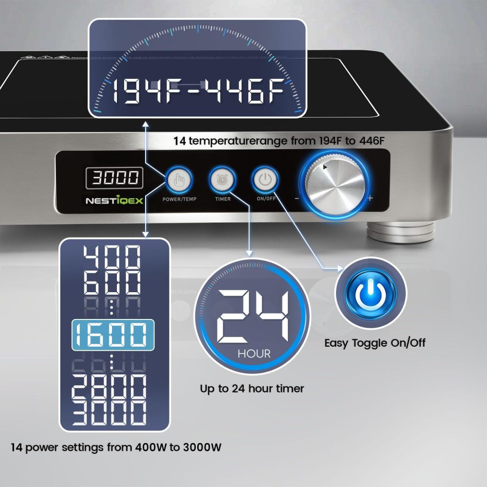 Abangdun 3000W 195V～275V High Power Commercial Induction Cooktop 11.4" Dual Copper Coil Heavy Duty Electric Stove Countertop Burner for Steak Industrial Kitchen Range Non Pulse Cooking Hot Plate for Hotel,Restaurant,Catering,24hrs Timer