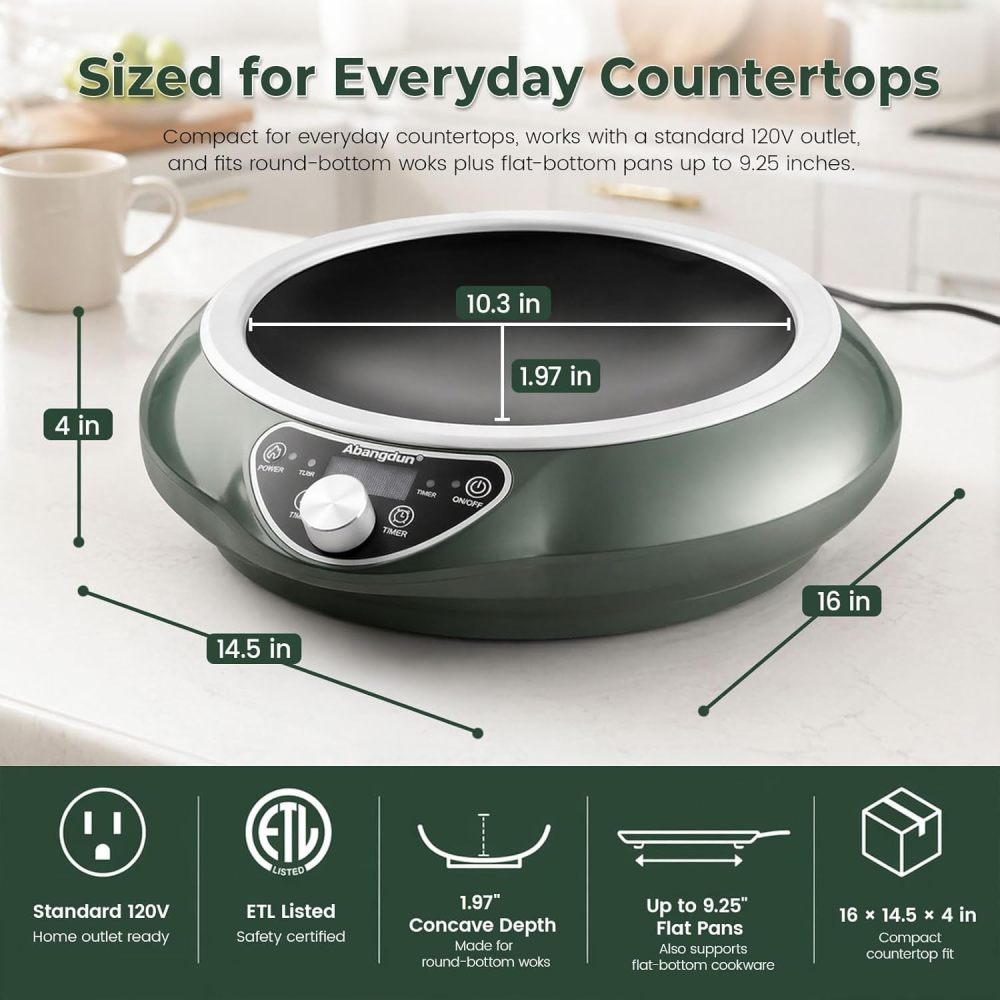 Abangdun 1700W 100V～185V Induction Cooktop Wok Burner Round Bottom 2026 New 1.97″ Deep Concave Curved Surface ETL Certified 16 Watts 200~1700W Real Precise Power/Temp Ctrl Electric Stove Commercial Countertop 9.25" Large Coil Stir Fry & Simmer Portable