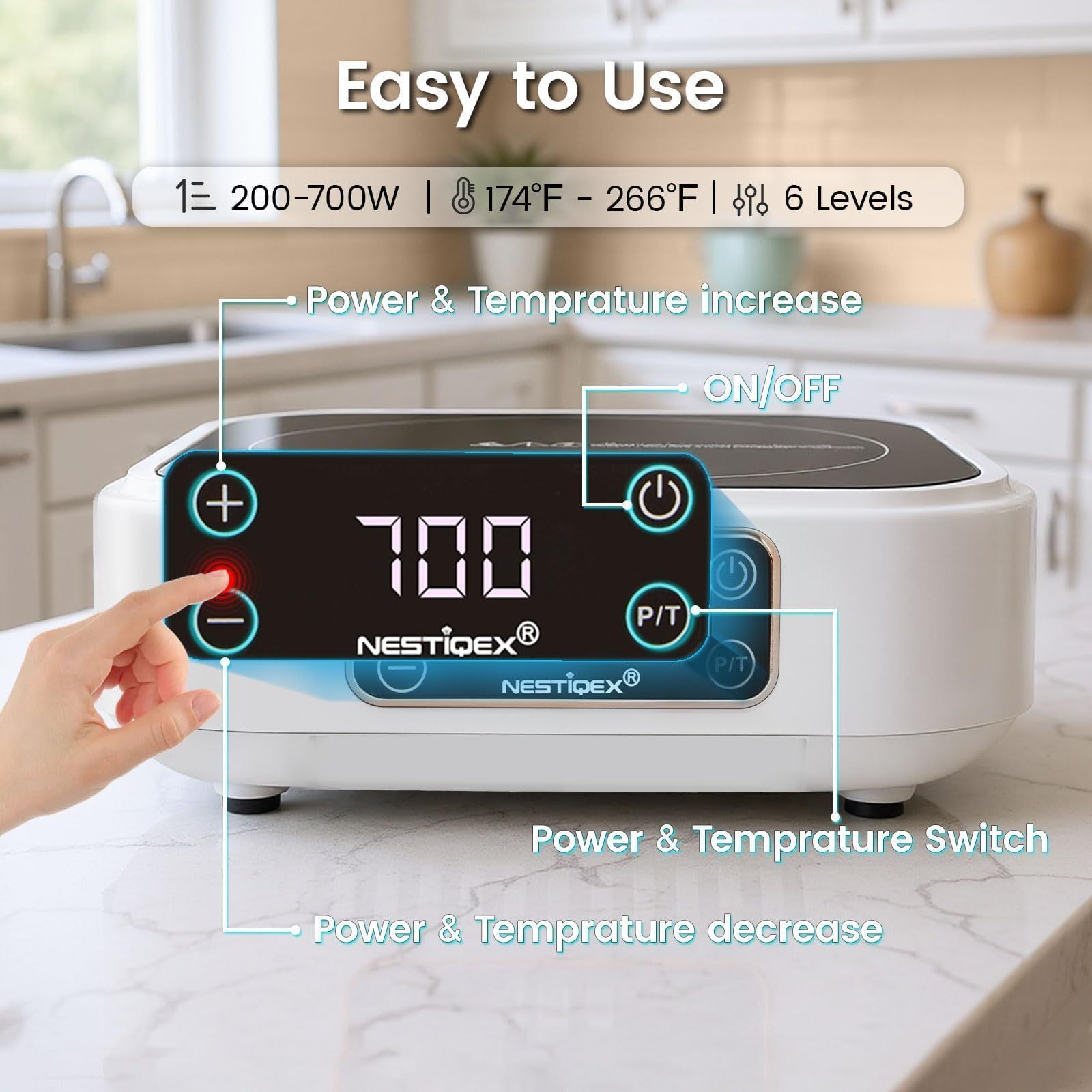Nestiqex 18F commercial induction cooktop even heating feature graphic