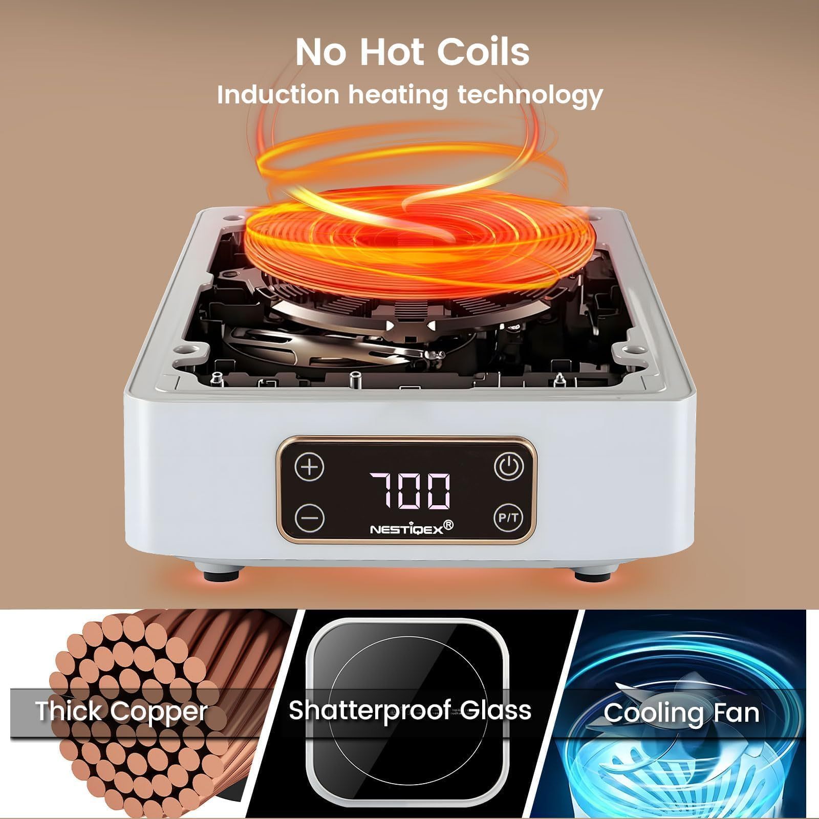 Nestiqex 18F commercial induction cooktop even heating feature graphic