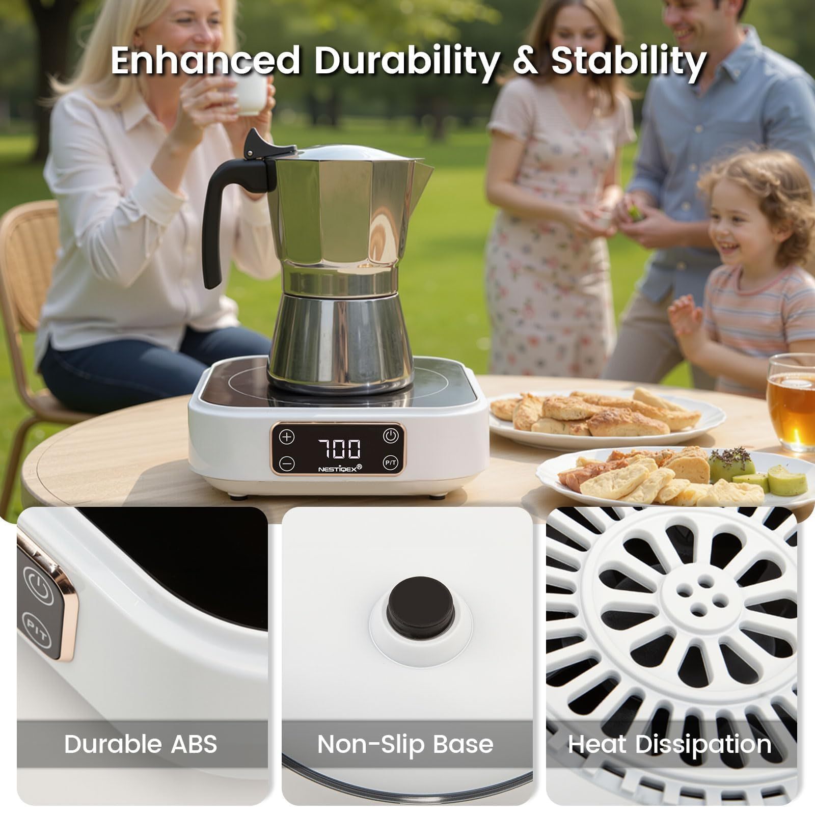 Nestiqex 18F commercial induction cooktop even heating feature graphic