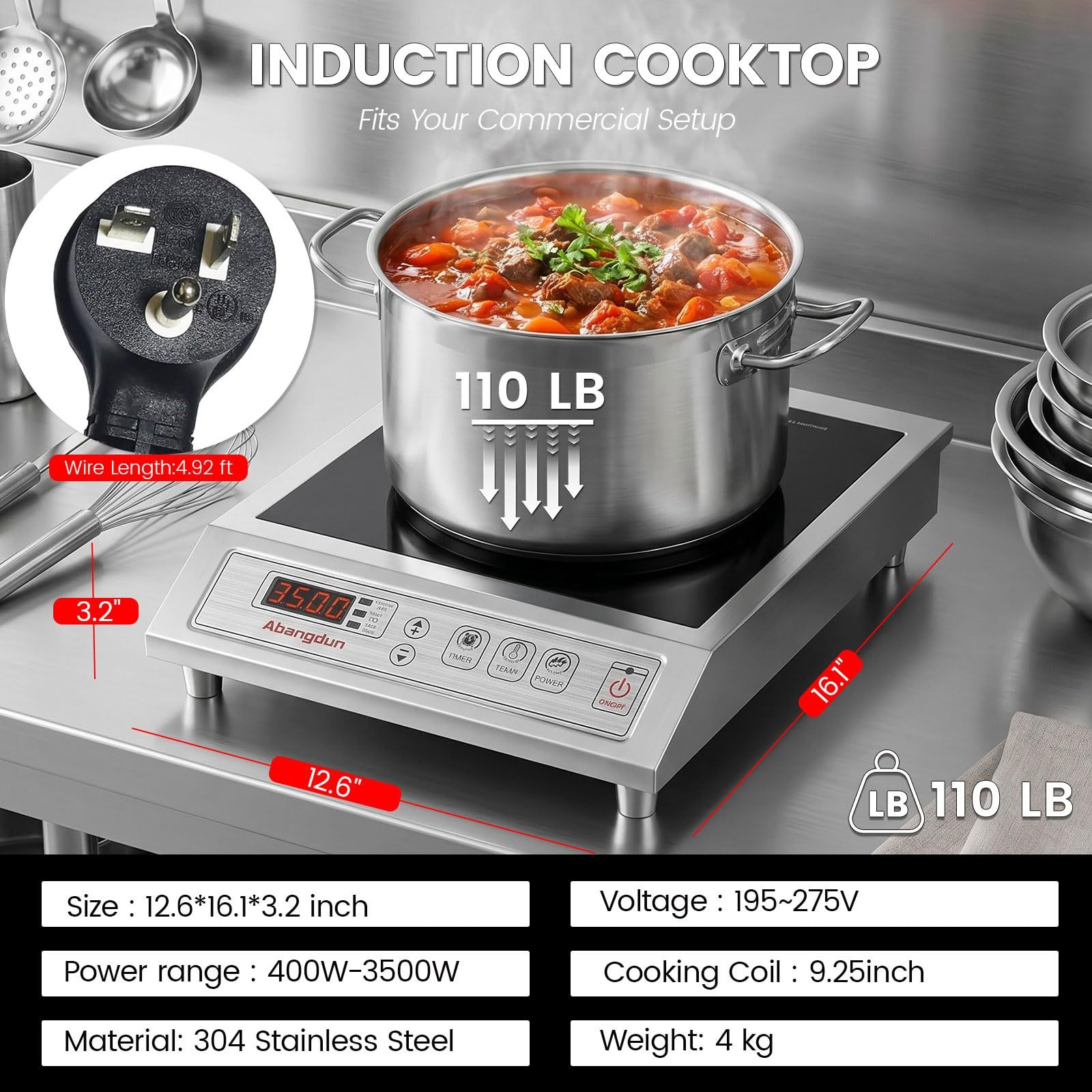 Abangdun AJ1019 3500W commercial induction cooktop angled view