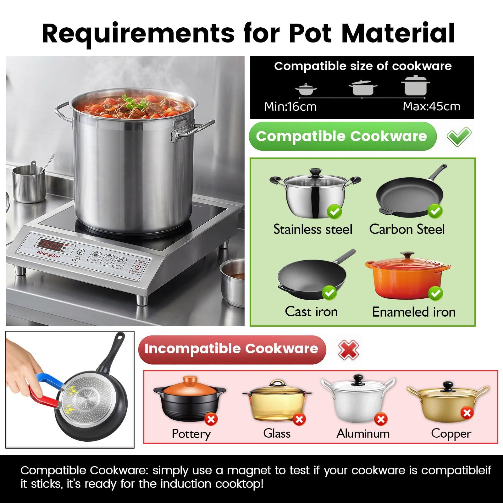 Abangdun AJ1019 stainless steel commercial induction cooktop compatible pan cookware