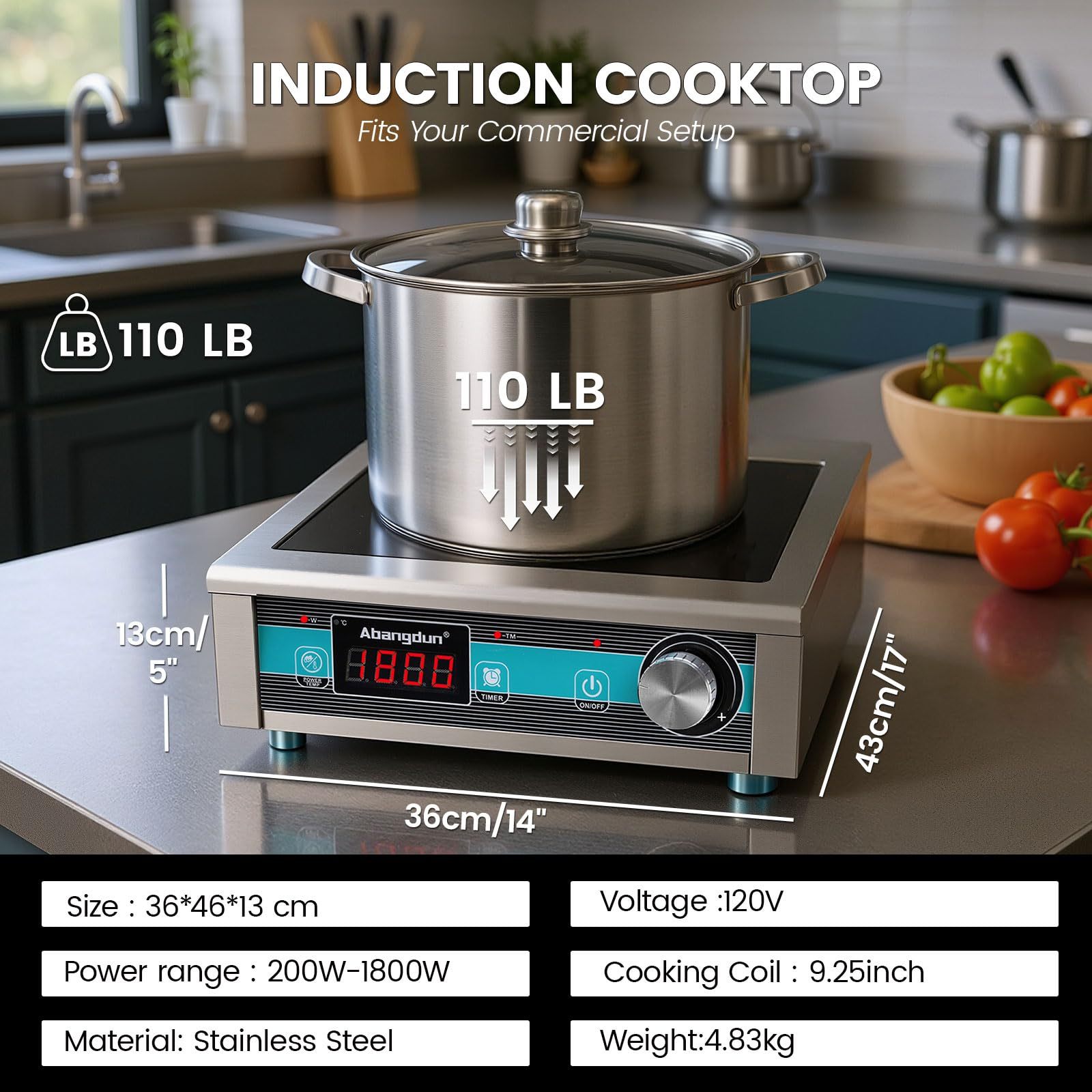 1800W Commercial Induction Cooktop Countertop Electric Stove