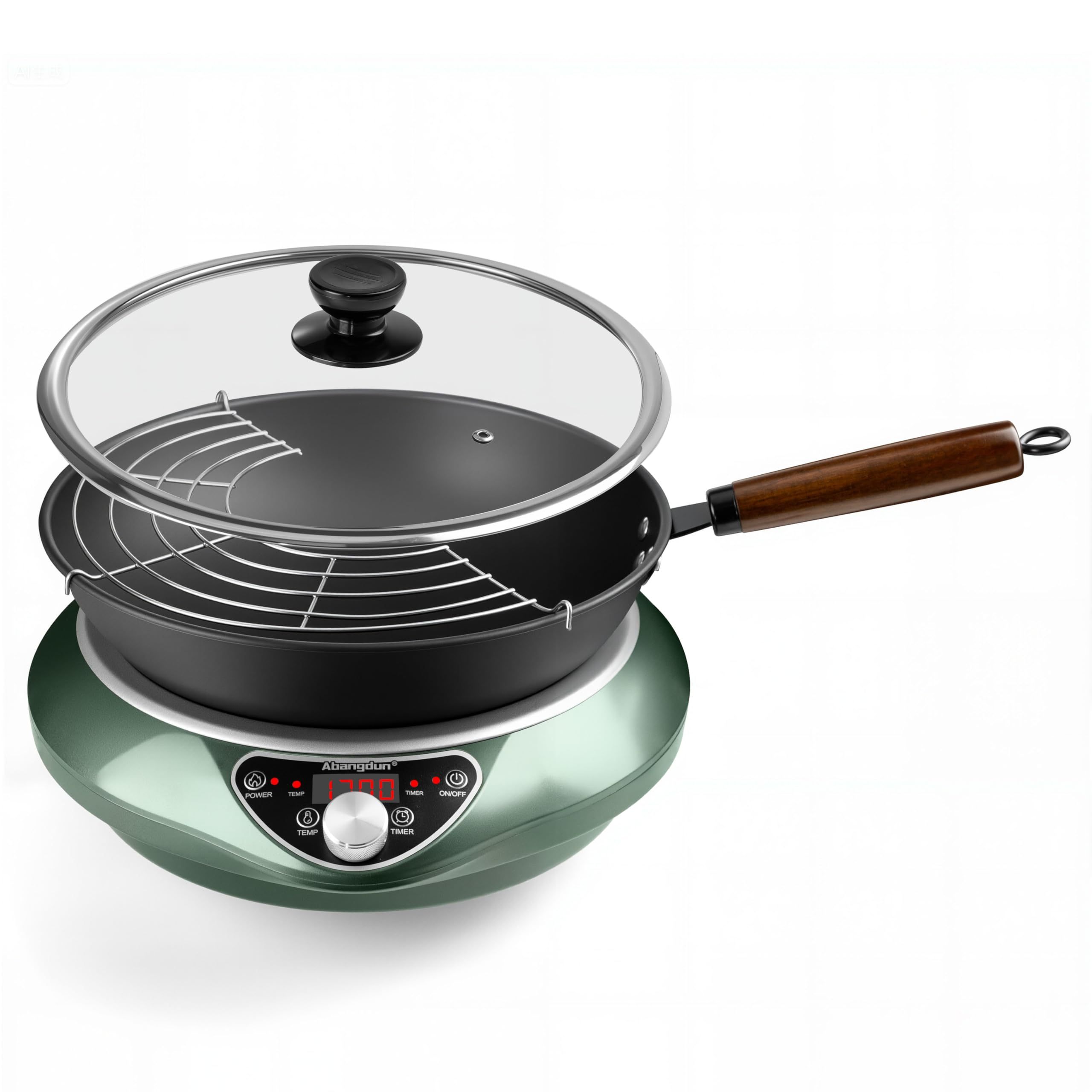 Abangdun 1700W 100V～185V Induction Cooktop Burner 2026 New 1.97″ Deep Concave Curved Surface With 13.4″ Carbon Steel Nonstick Wok Pan 16 Watts 200~1700W Real Precise Power/Temp Ctrl 18h timer Portable Electric Stove Cooker Heater Hot Plate Pot Countertop