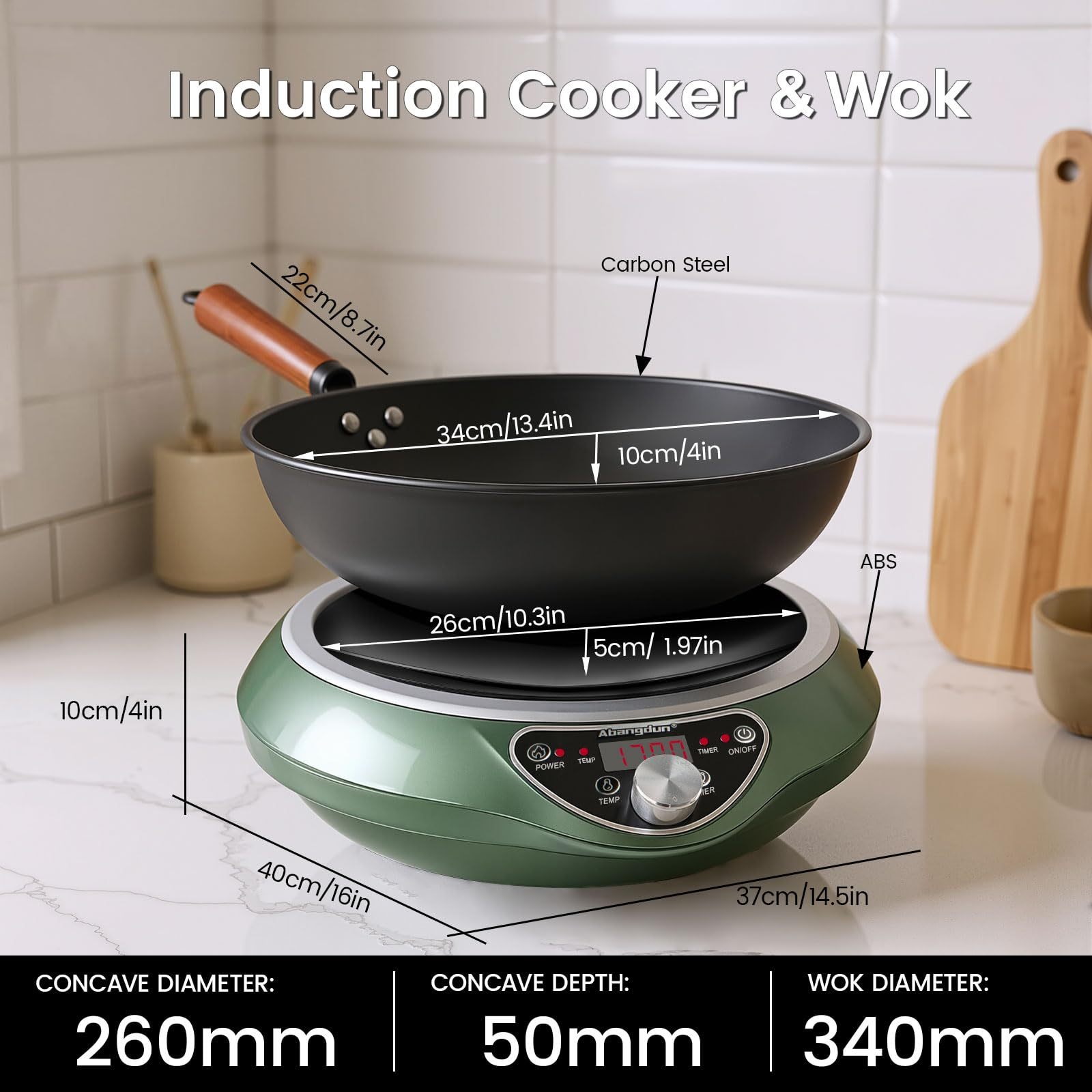 Abangdun 1700W 100V～185V Induction Cooktop Burner 2026 New 1.97″ Deep Concave Curved Surface With 13.4″ Carbon Steel Nonstick Wok Pan 16 Watts 200~1700W Real Precise Power/Temp Ctrl 18h timer Portable Electric Stove Cooker Heater Hot Plate Pot Countertop