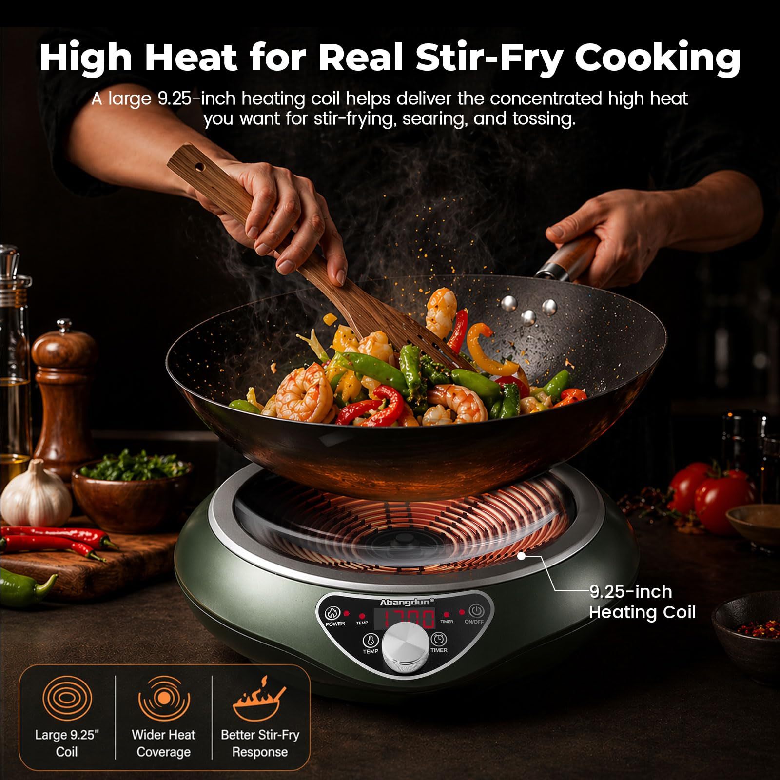 Abangdun 1700W 100V～185V Induction Cooktop Burner 2026 New 1.97″ Deep Concave Curved Surface With 13.4″ Carbon Steel Nonstick Wok Pan 16 Watts 200~1700W Real Precise Power/Temp Ctrl 18h timer Portable Electric Stove Cooker Heater Hot Plate Pot Countertop