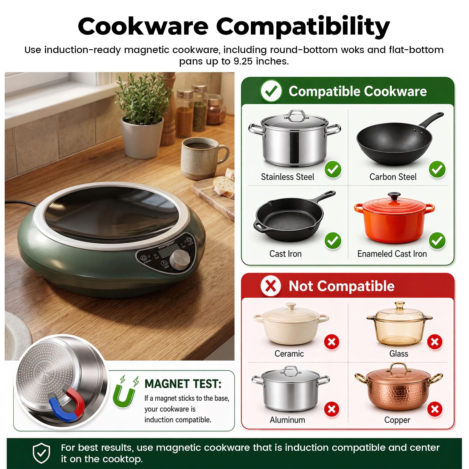 Abangdun 1700W 100V～185V Induction Cooktop Burner 2026 New 1.97″ Deep Concave Curved Surface With 13.4″ Carbon Steel Nonstick Wok Pan 16 Watts 200~1700W Real Precise Power/Temp Ctrl 18h timer Portable Electric Stove Cooker Heater Hot Plate Pot Countertop