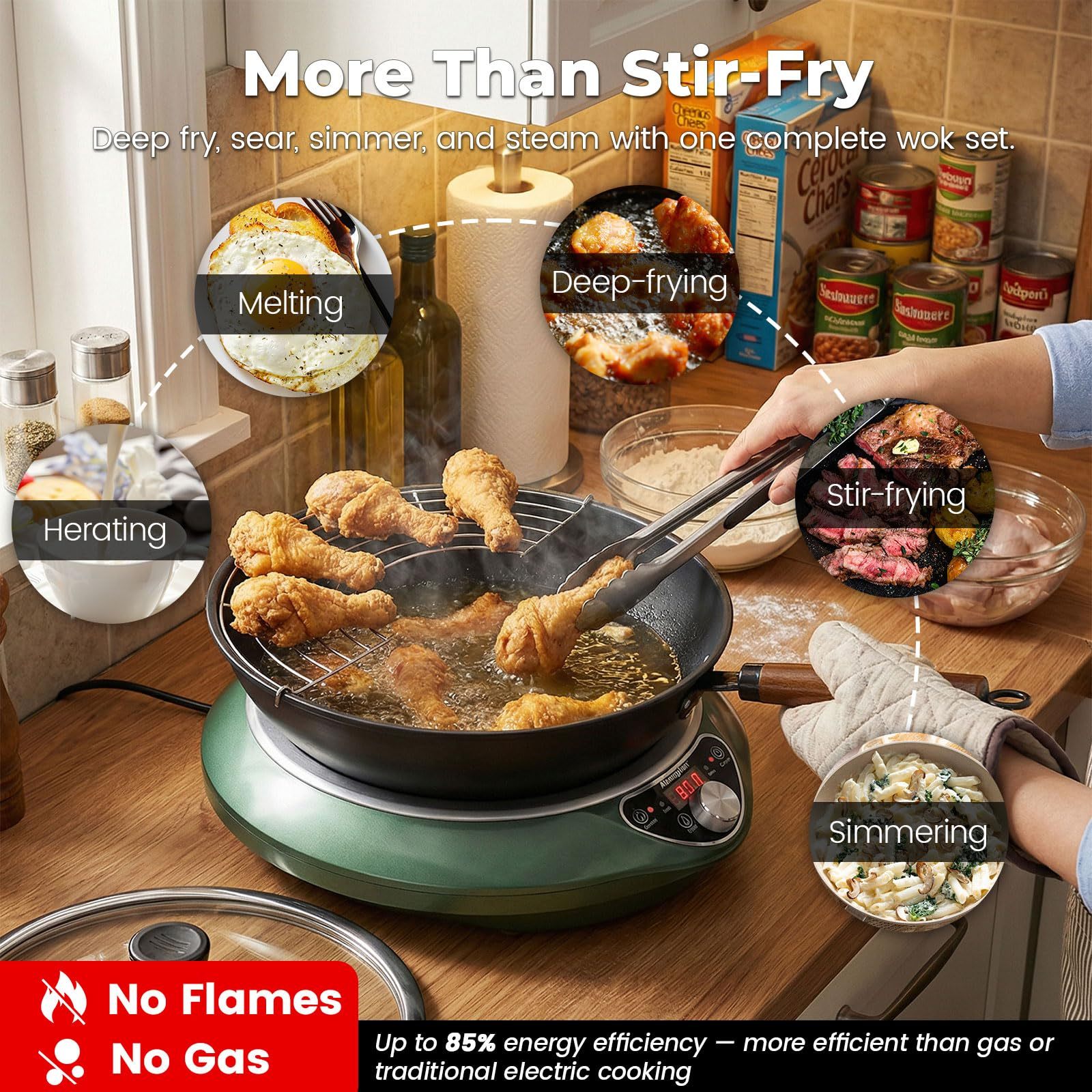 Abangdun 1700W 100V～185V Induction Cooktop Burner 2026 New 1.97″ Deep Concave Curved Surface With 13.4″ Carbon Steel Nonstick Wok Pan 16 Watts 200~1700W Real Precise Power/Temp Ctrl 18h timer Portable Electric Stove Cooker Heater Hot Plate Pot Countertop