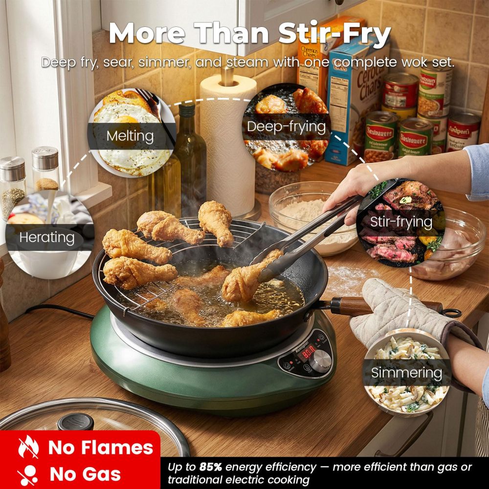 Abangdun 1700W 100V～185V Induction Cooktop Burner 2026 New 1.97″ Deep Concave Curved Surface With 13.4″ Carbon Steel Nonstick Wok Pan 16 Watts 200~1700W Real Precise Power/Temp Ctrl 18h timer Portable Electric Stove Cooker Heater Hot Plate Pot Countertop