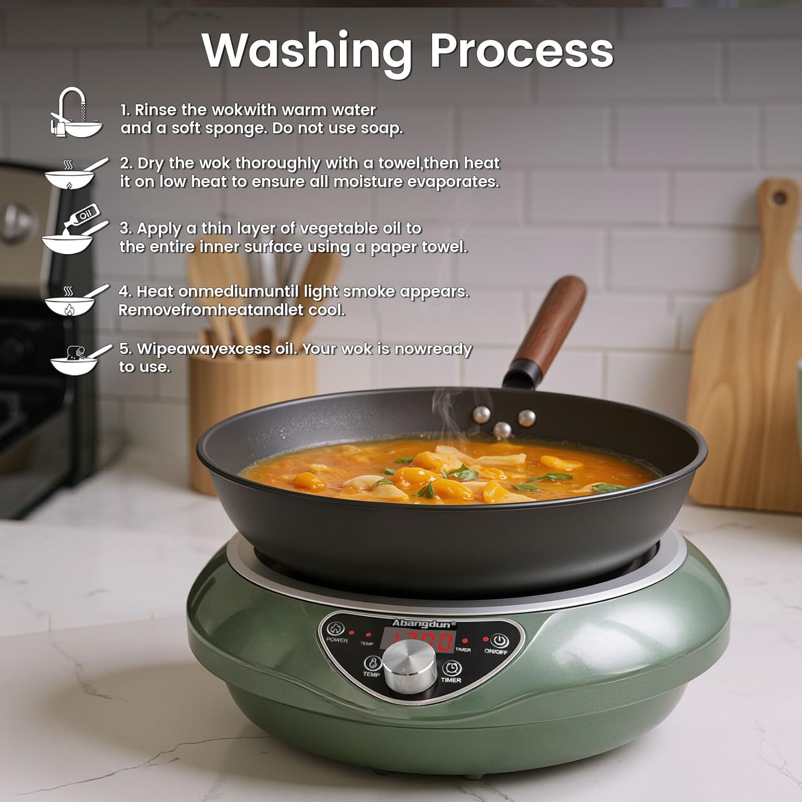 Abangdun 1700W 100V～185V Induction Cooktop Burner 2026 New 1.97″ Deep Concave Curved Surface With 13.4″ Carbon Steel Nonstick Wok Pan 16 Watts 200~1700W Real Precise Power/Temp Ctrl 18h timer Portable Electric Stove Cooker Heater Hot Plate Pot Countertop