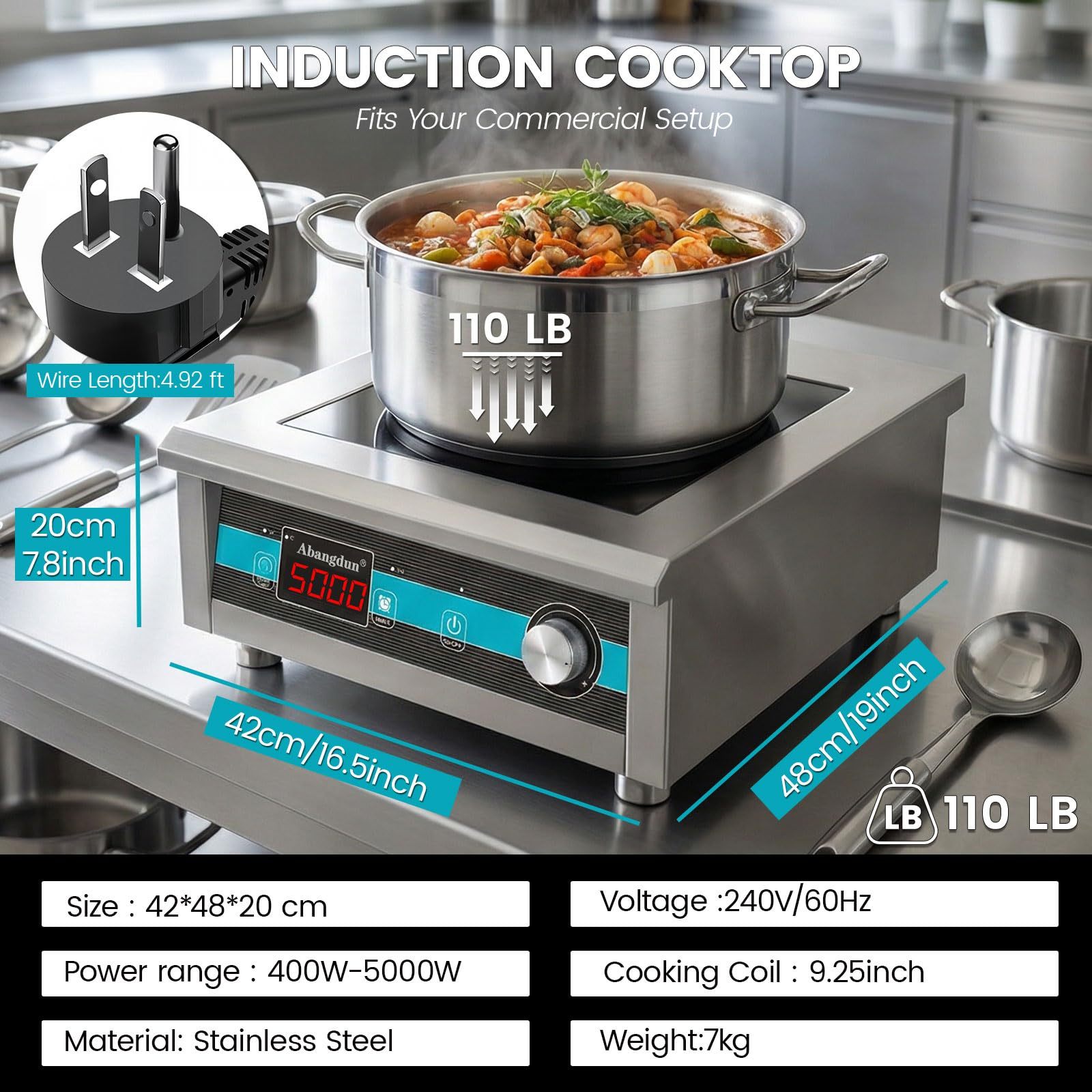 5000W 190V-275V Commercial Induction Cooktop  With Button&Knob Control