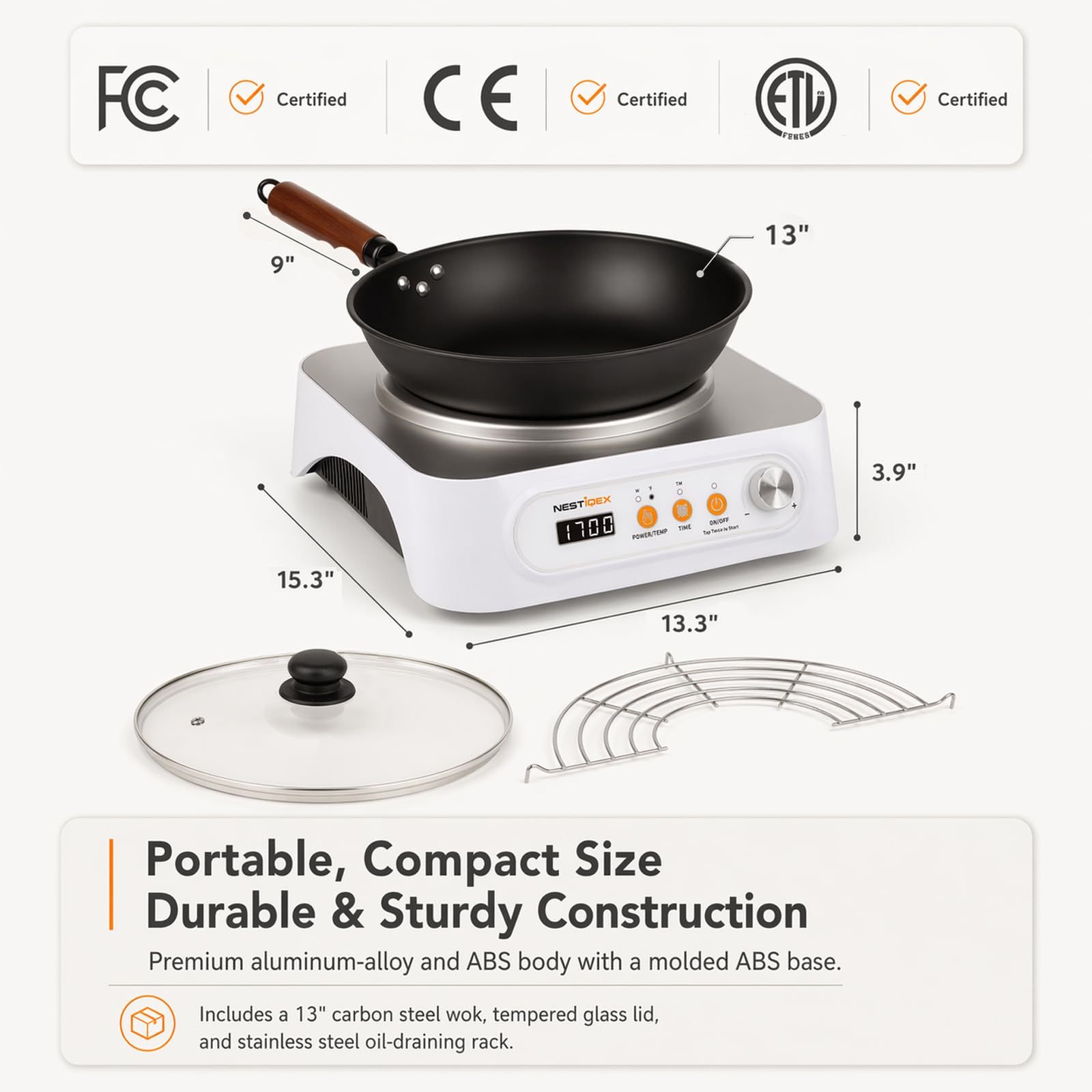 1700W Induction Cooktop With 13" Carbon Steel Wok